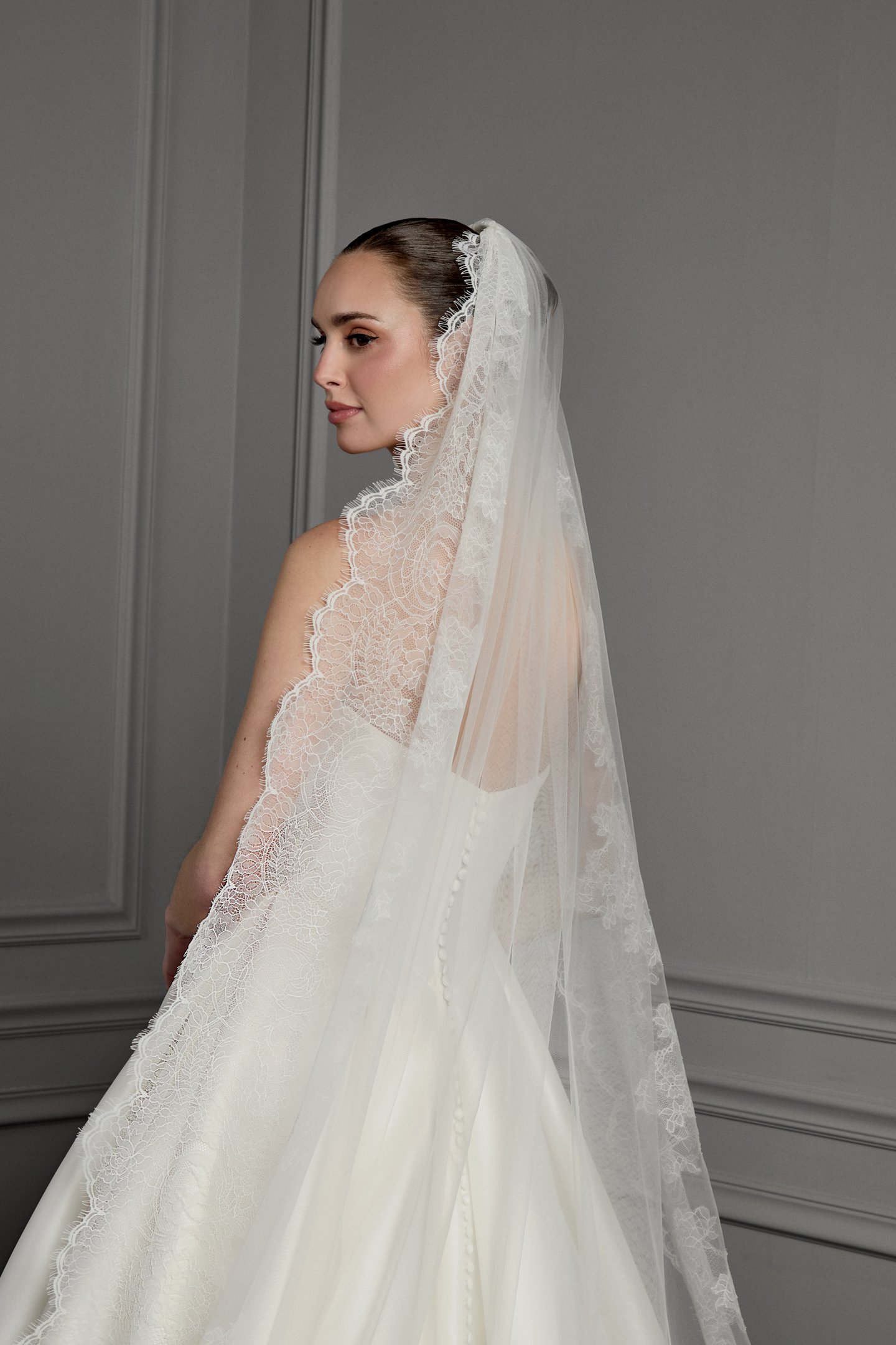Thanks & Goodluck Style TG1162L130 Cathedral Length Tulle Veil with Wide Chantilly Lace Hem