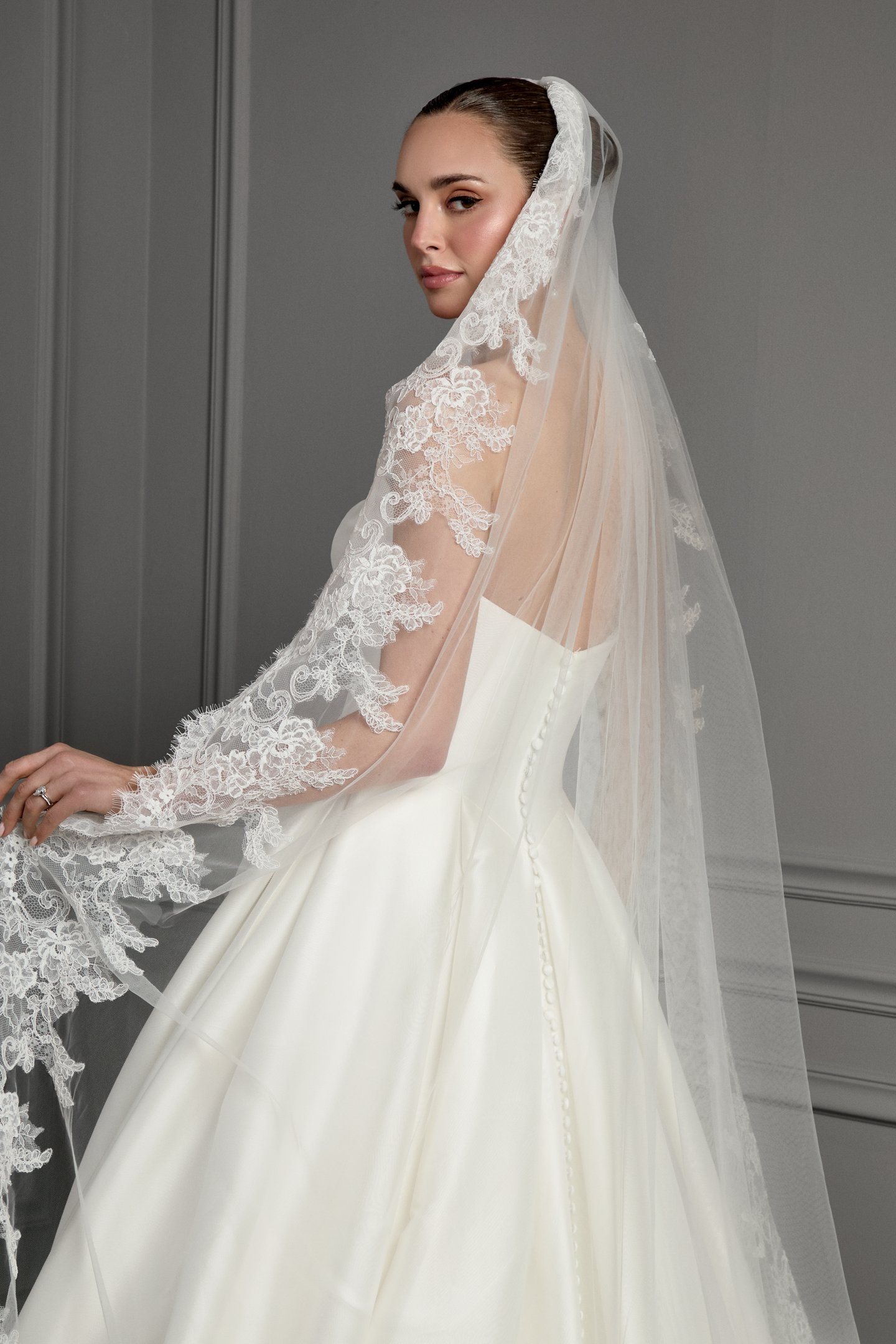 Thanks & Goodluck Style TG1163L110 Cathedral Length Tulle Veil with Lightly Corded Chantilly Lace Hem