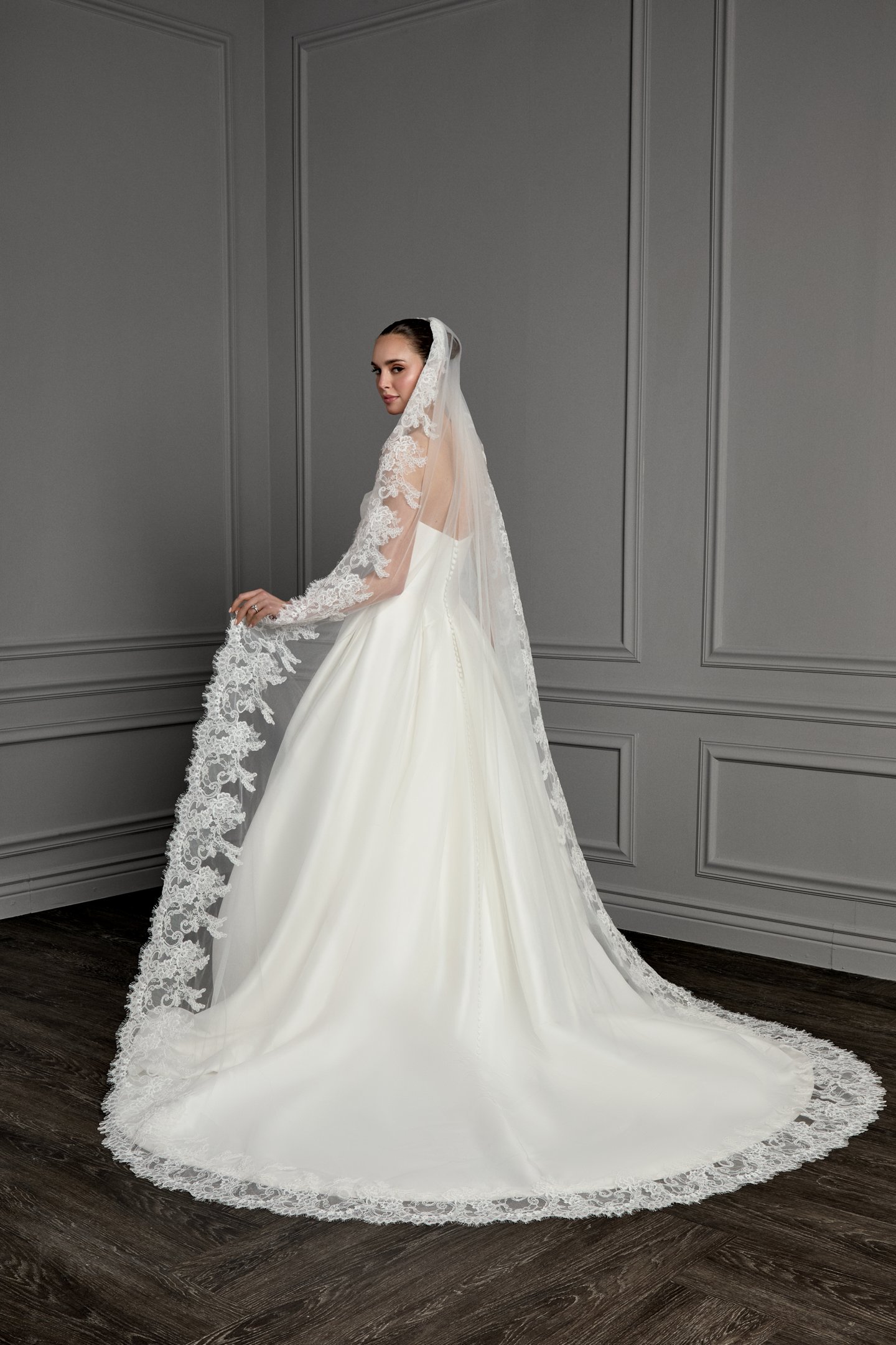 Thanks & Goodluck Style TG1163L110 Cathedral Length Tulle Veil with Lightly Corded Chantilly Lace Hem