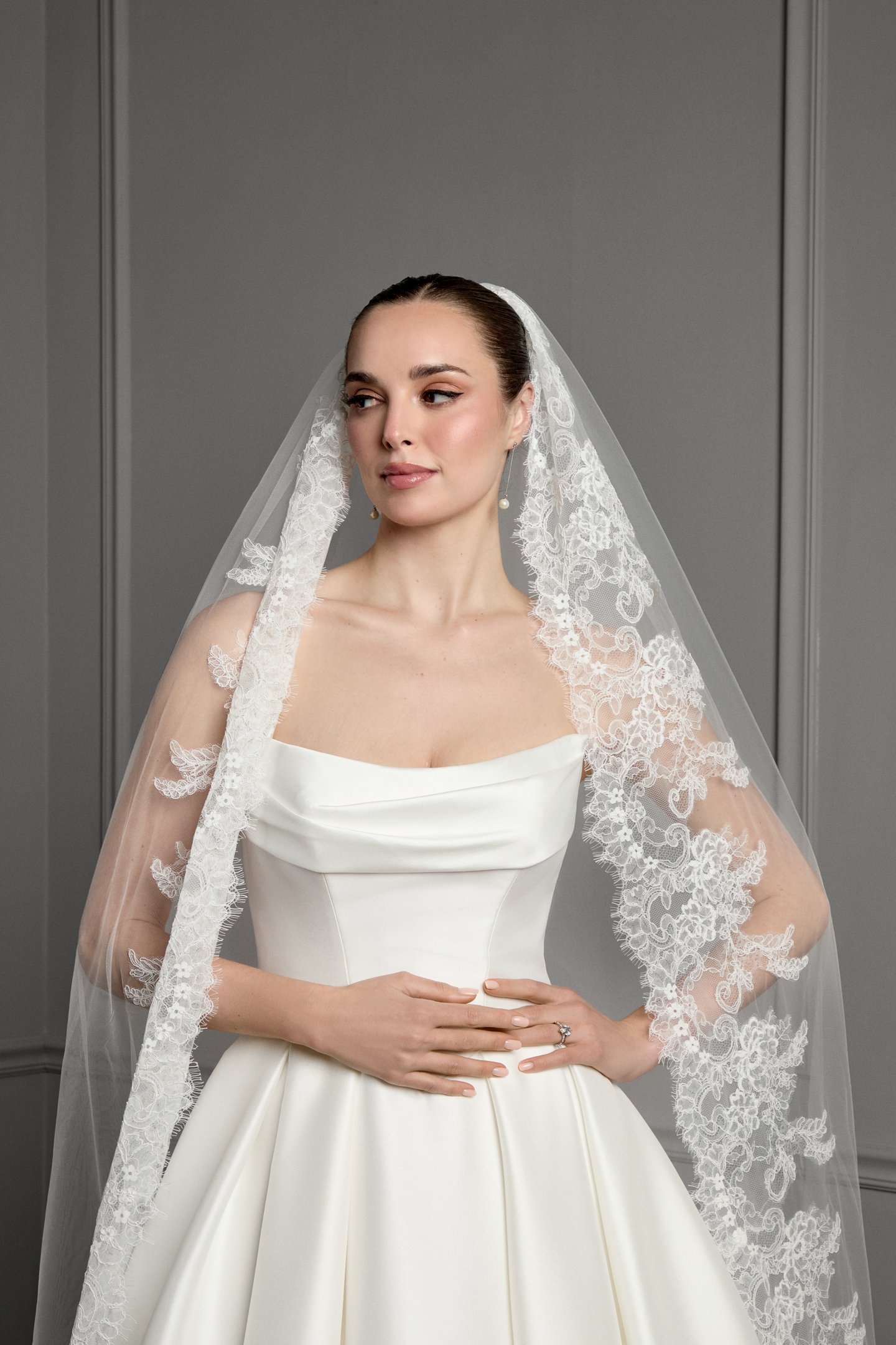 Thanks & Goodluck Style TG1163L110 Cathedral Length Tulle Veil with Lightly Corded Chantilly Lace Hem