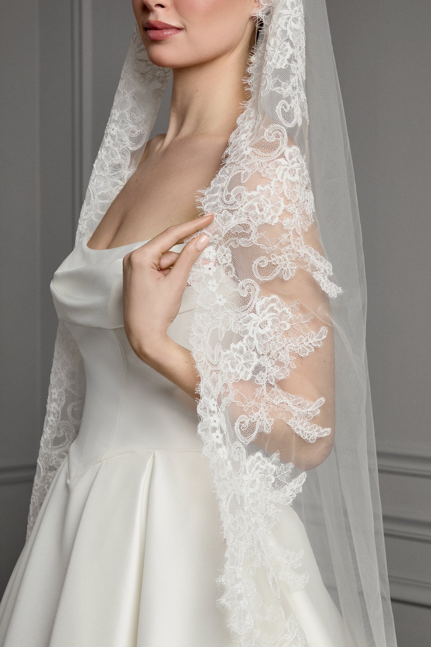 Thanks & Goodluck Style TG1163L110 Cathedral Length Tulle Veil with Lightly Corded Chantilly Lace Hem