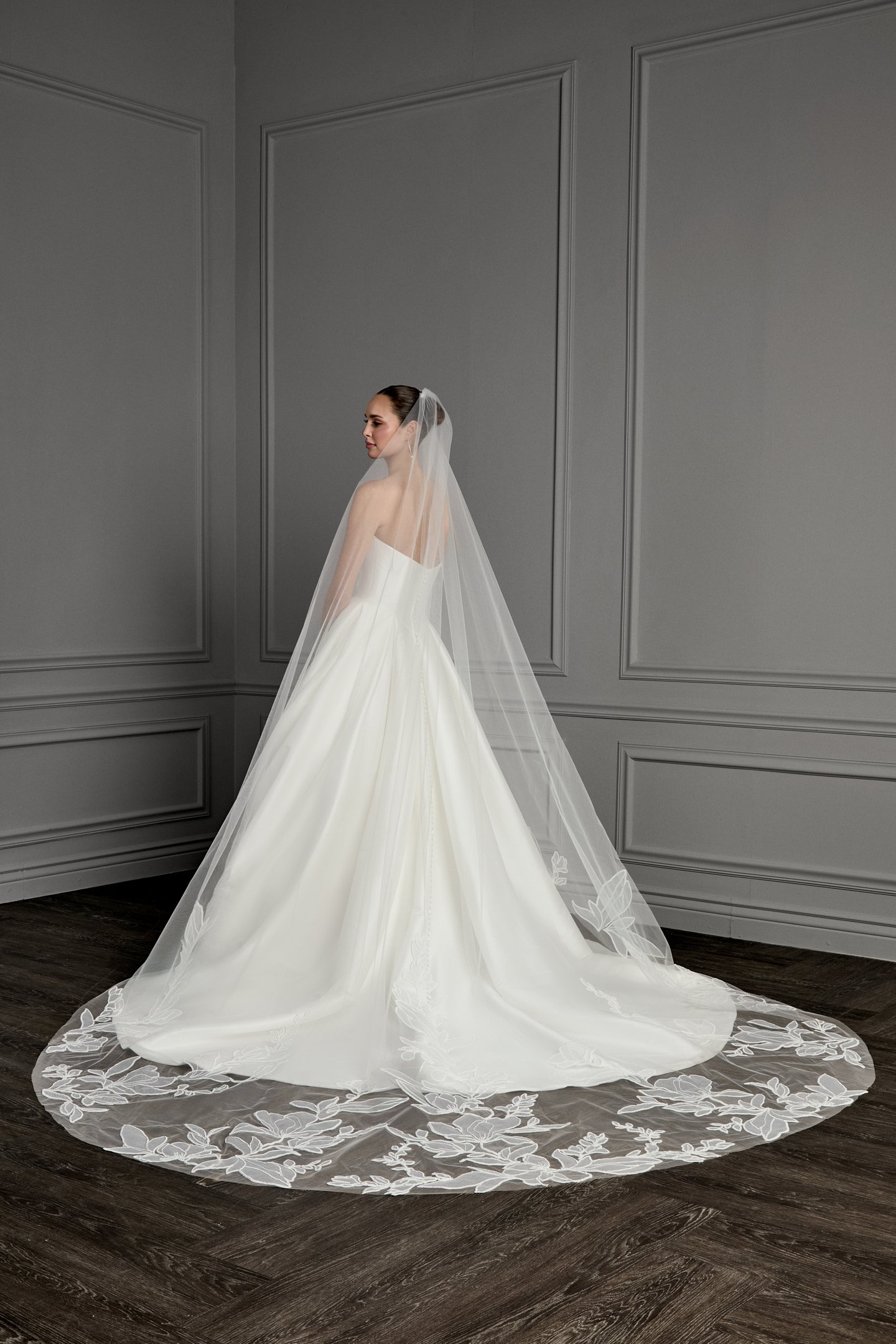 Thanks & Goodluck Style TG1164L120 Cathedral Length Tulle Veil with Soutache Embroidered Lace Appliqués