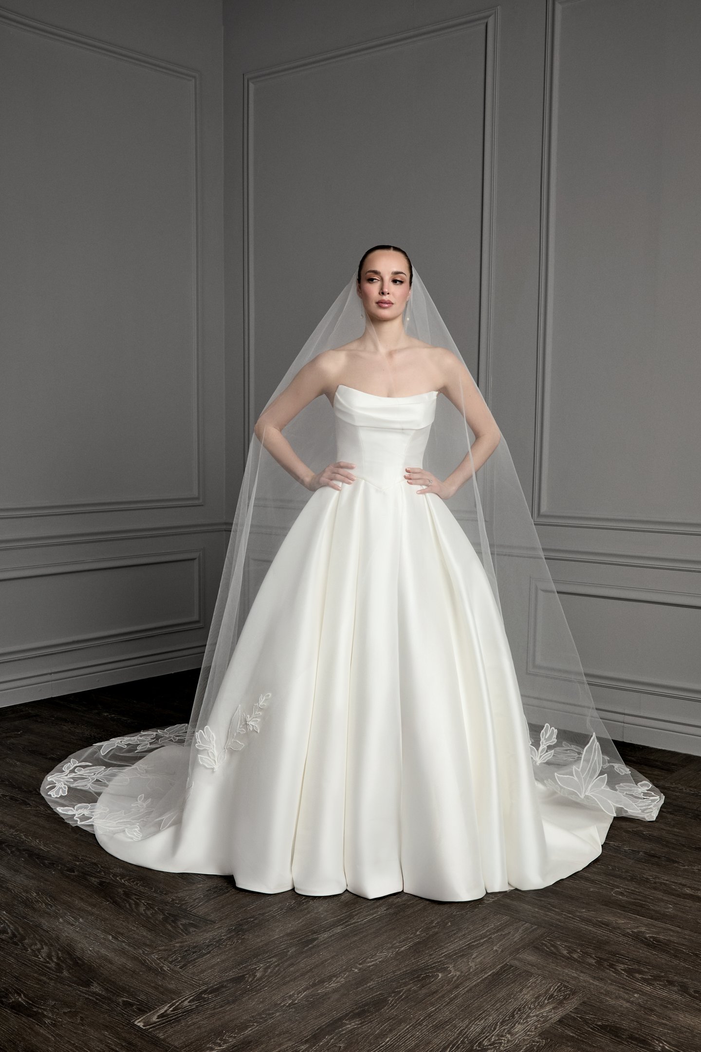 Thanks & Goodluck Style TG1164L120 Cathedral Length Tulle Veil with Soutache Embroidered Lace Appliqués