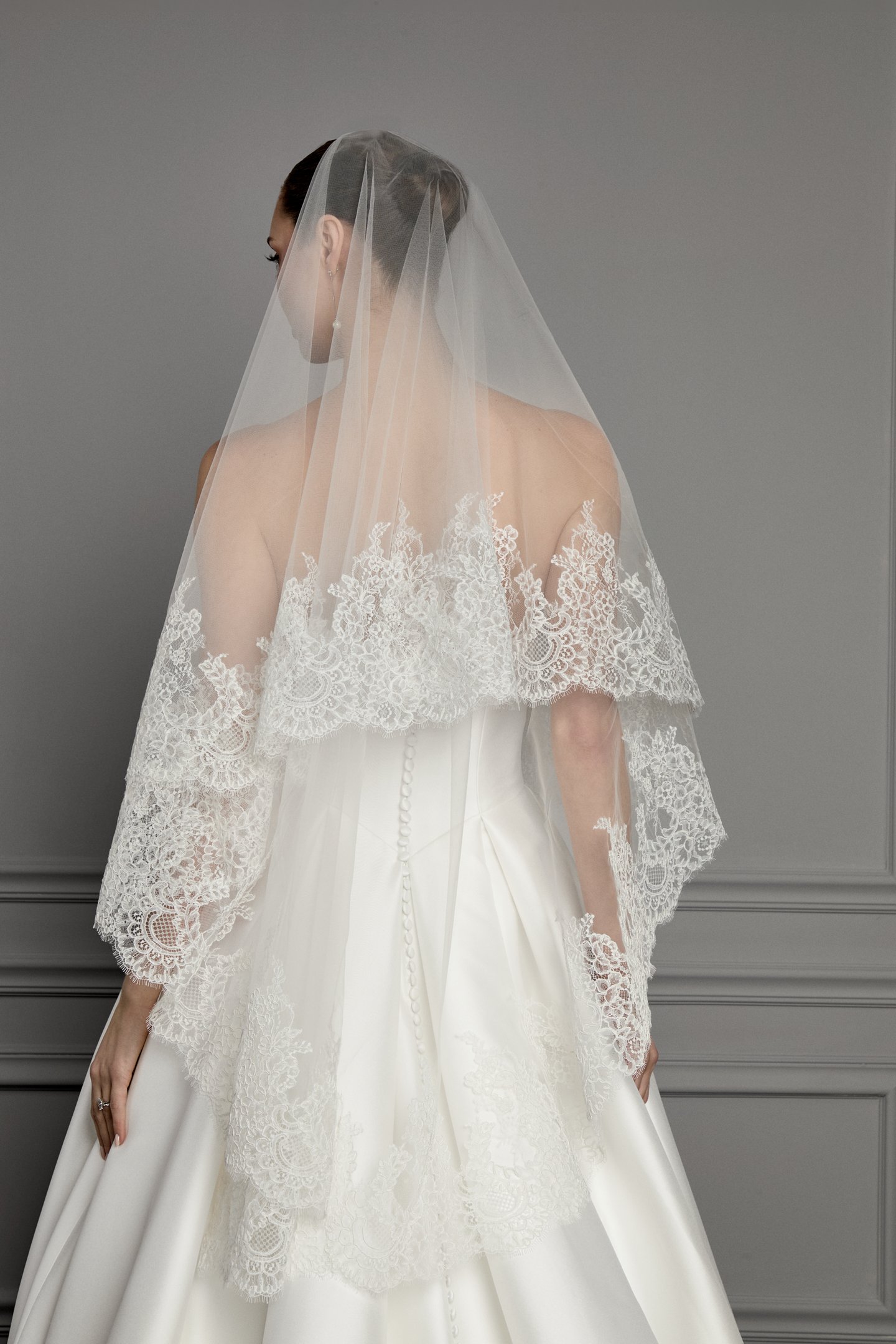 Thanks & Goodluck Style TG1165L047 Two Tier Fingertip Length Tulle Veil with Corded Chantilly lace Around Hem Edge