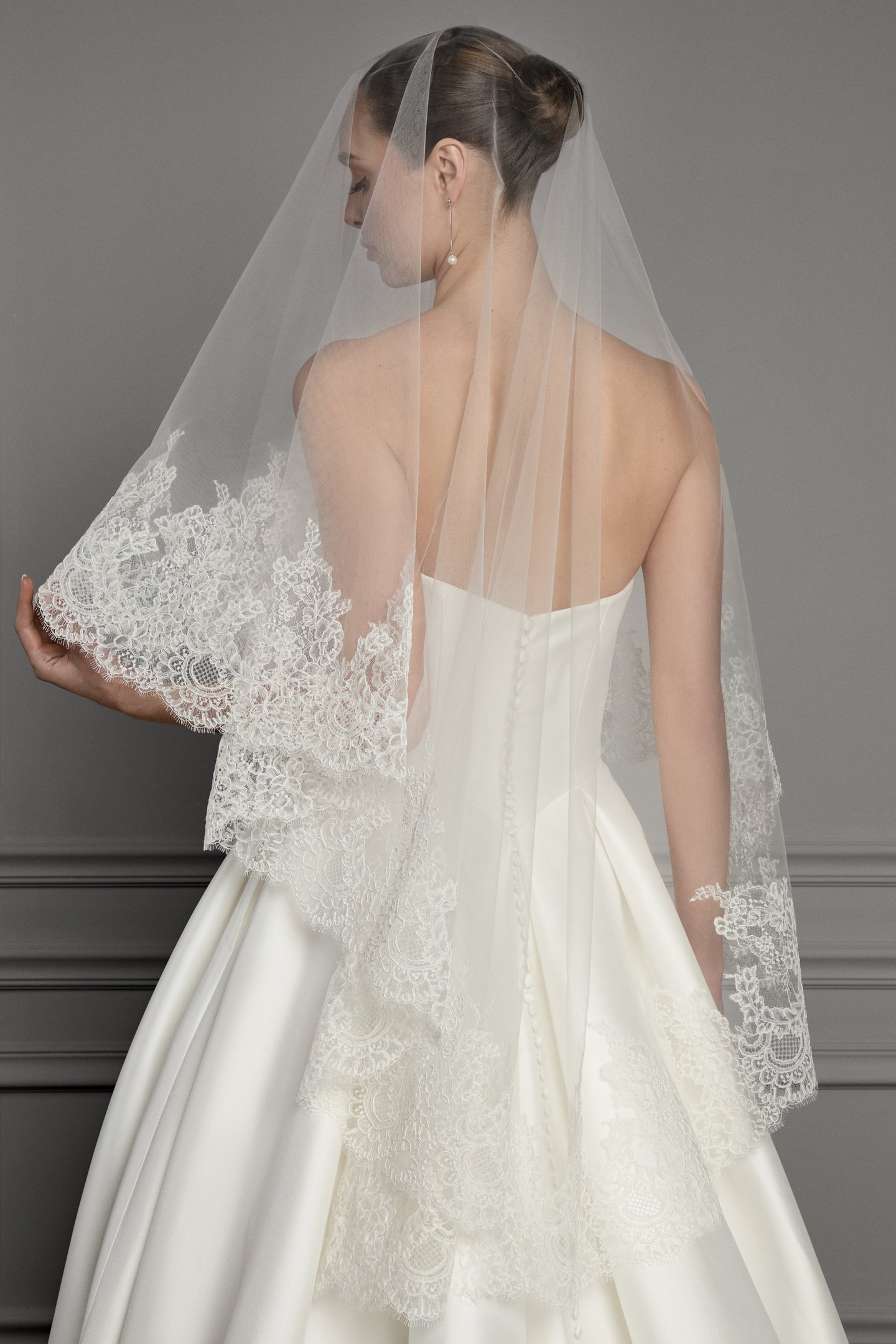 Thanks & Goodluck Style TG1165L047 Two Tier Fingertip Length Tulle Veil with Corded Chantilly lace Around Hem Edge
