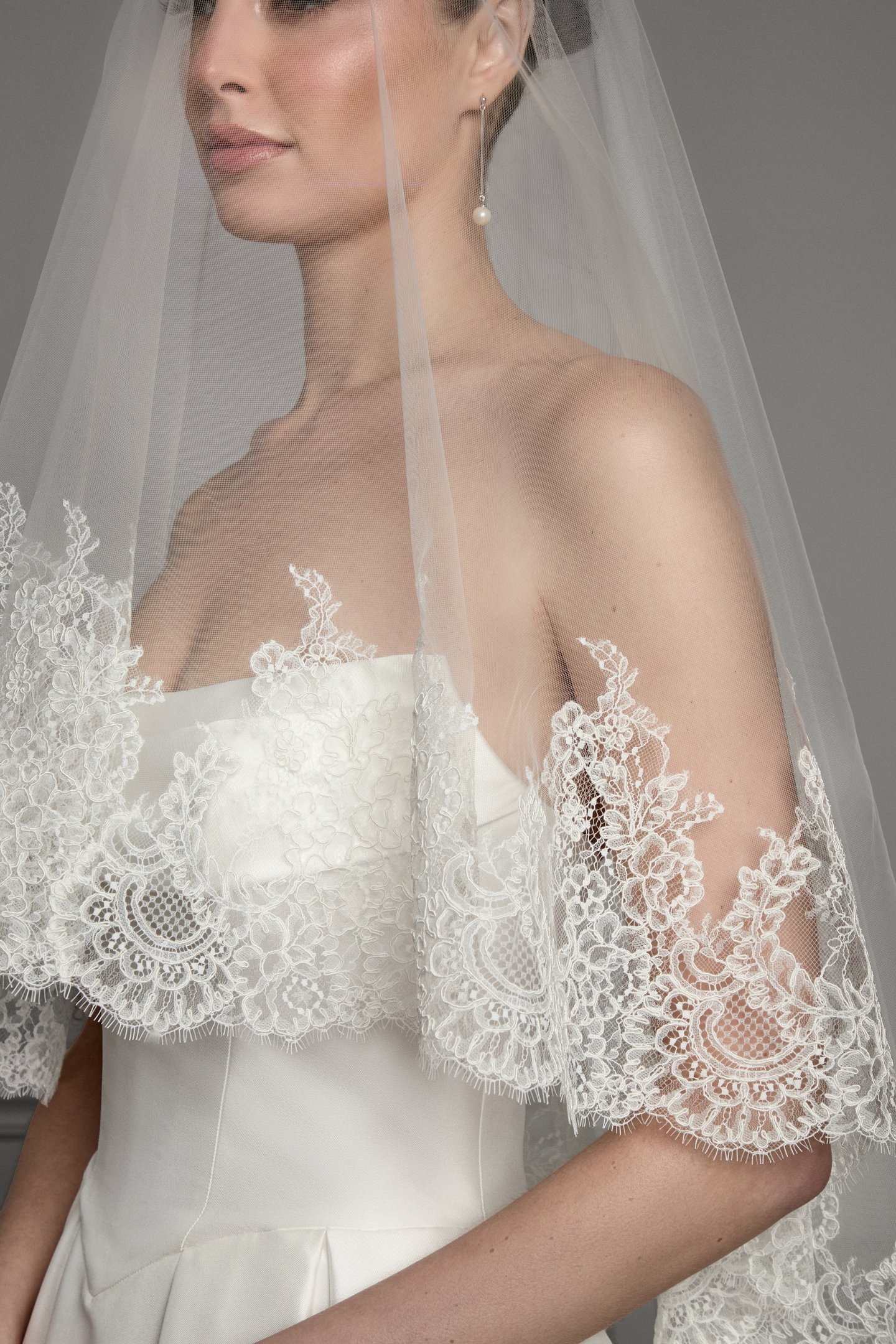 Thanks & Goodluck Style TG1165L047 Two Tier Fingertip Length Tulle Veil with Corded Chantilly lace Around Hem Edge