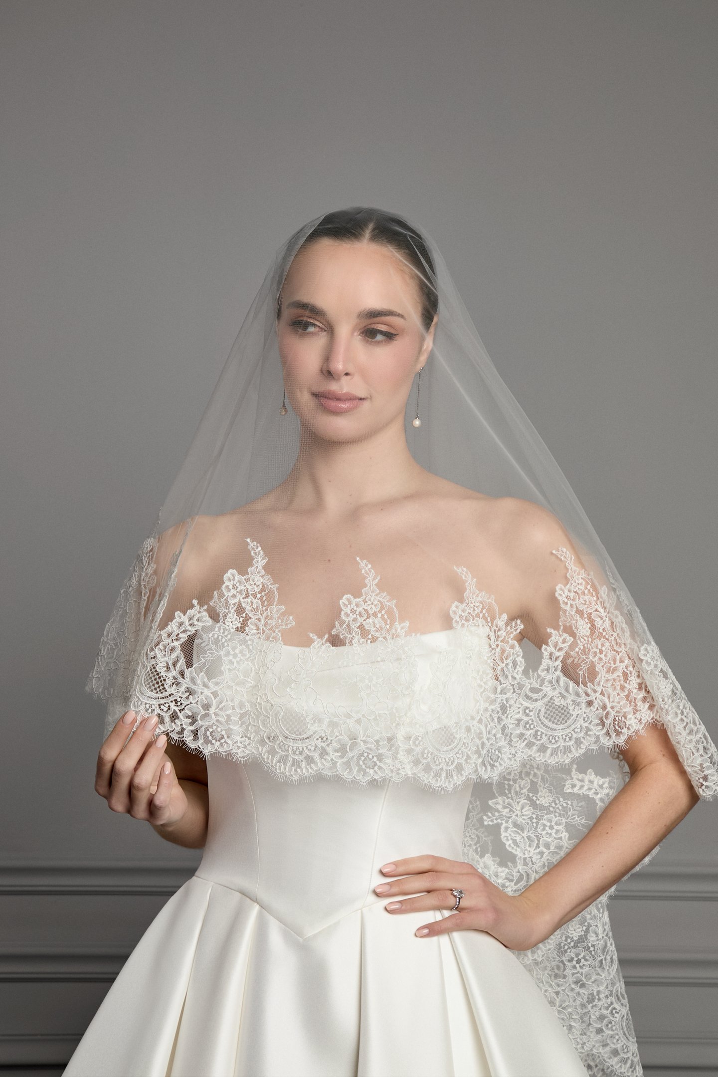 Thanks & Goodluck Style TG1165L047 Two Tier Fingertip Length Tulle Veil with Corded Chantilly lace Around Hem Edge