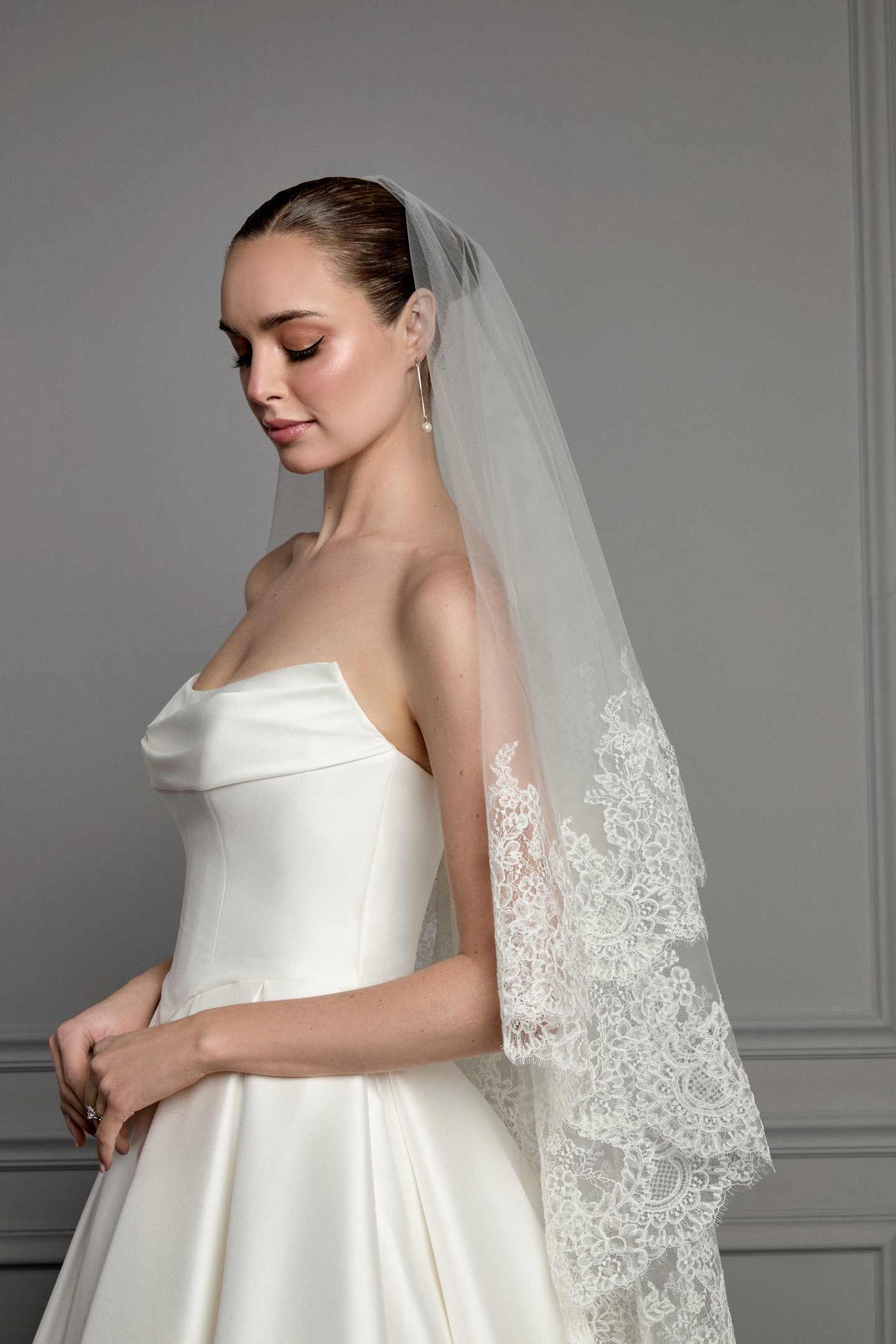 Thanks & Goodluck Style TG1165L047 Two Tier Fingertip Length Tulle Veil with Corded Chantilly lace Around Hem Edge