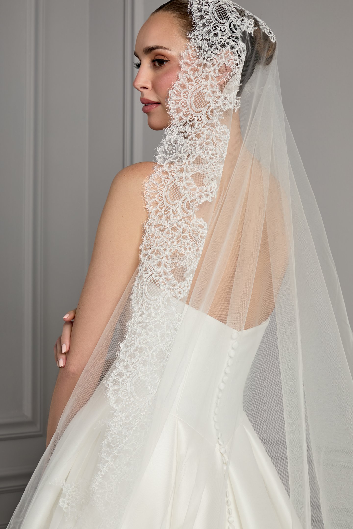 Thanks & Goodluck Style TG1165L145 Cathedral Length Tulle Mantilla Veil with Corded Chantilly Lace Around Hem Edge