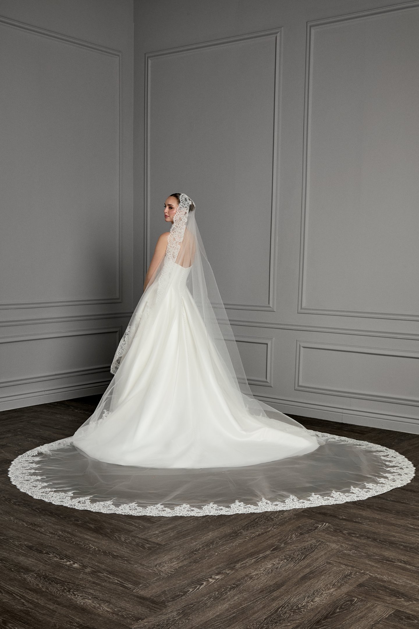 Thanks & Goodluck Style TG1165L145 Cathedral Length Tulle Mantilla Veil with Corded Chantilly Lace Around Hem Edge