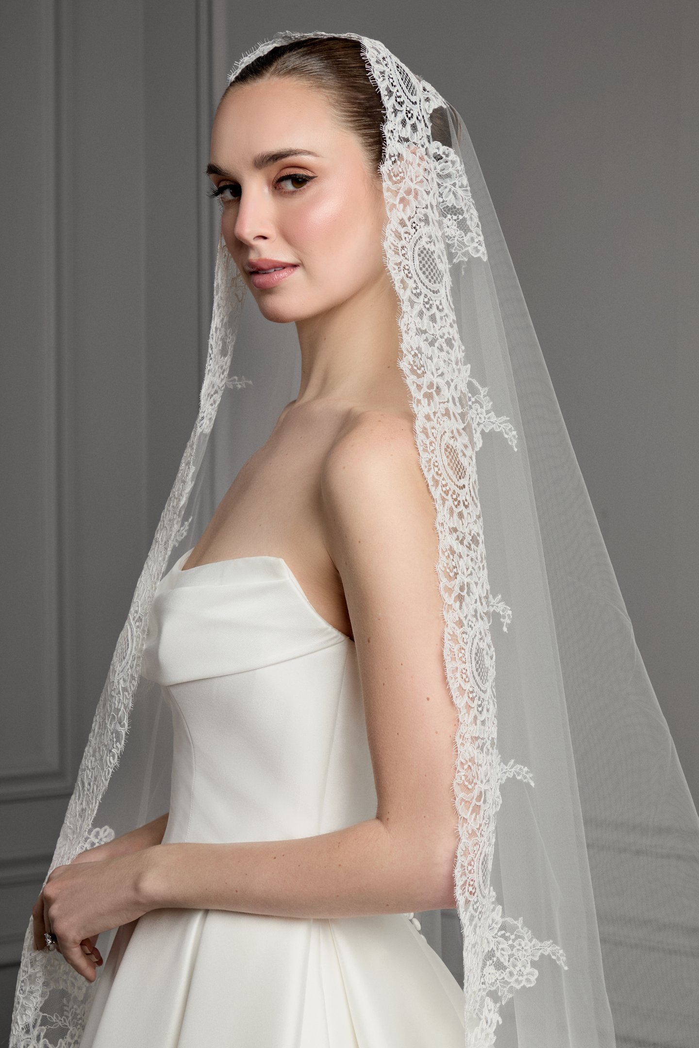 Thanks & Goodluck Style TG1165L145 Cathedral Length Tulle Mantilla Veil with Corded Chantilly Lace Around Hem Edge