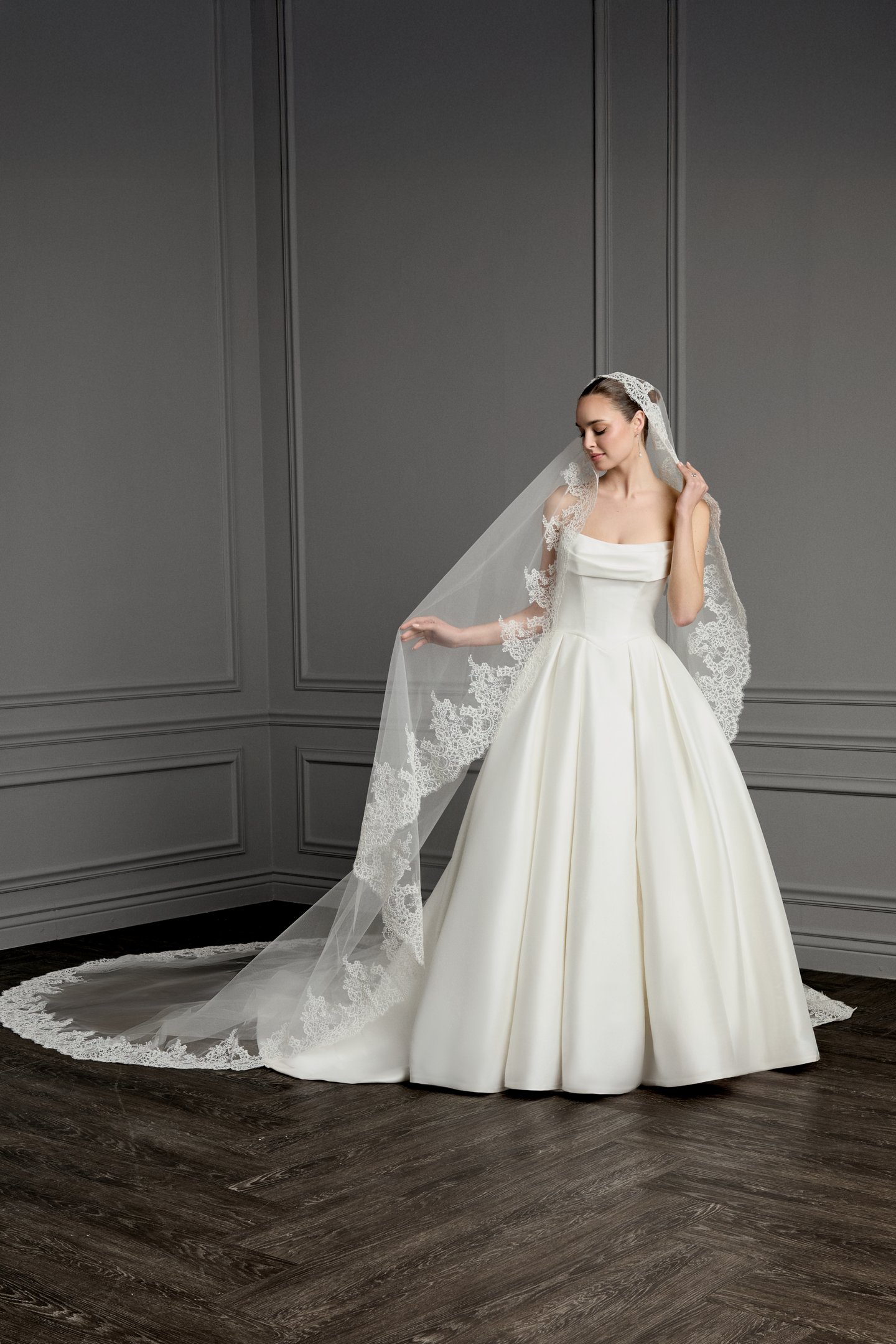 Thanks & Goodluck Style TG1165L145 Cathedral Length Tulle Mantilla Veil with Corded Chantilly Lace Around Hem Edge