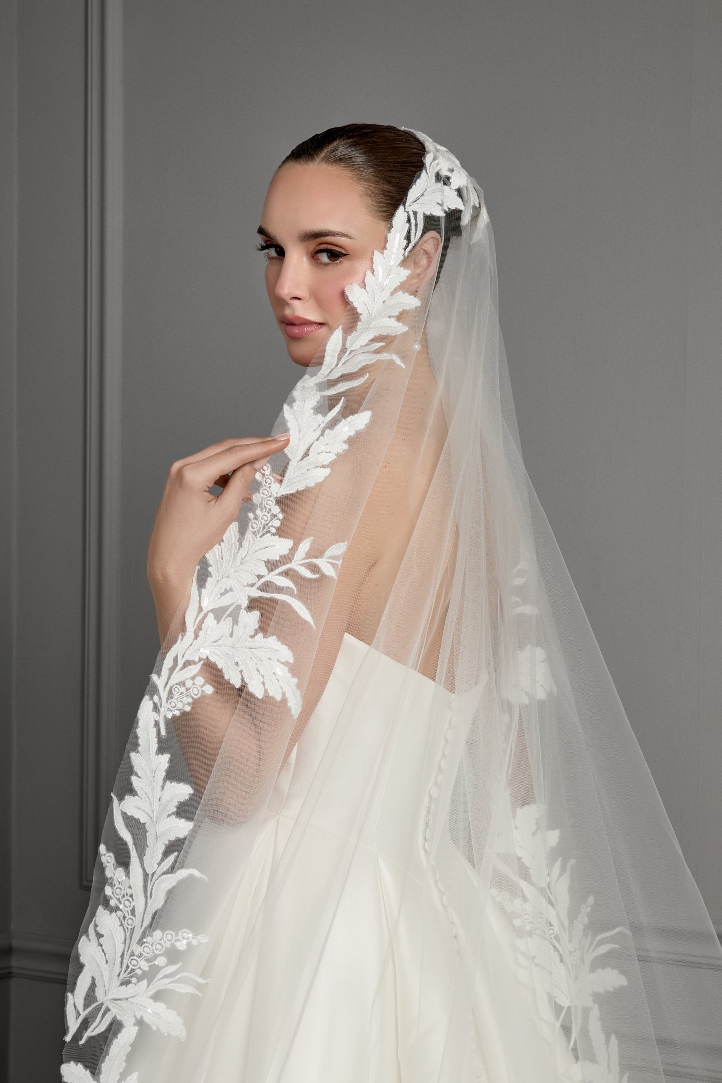 Thanks & Goodluck Style TG1166L140 Cathedral Length Tulle Veil with Embroidered Sequined Lace Appliqués Around Hem Edge