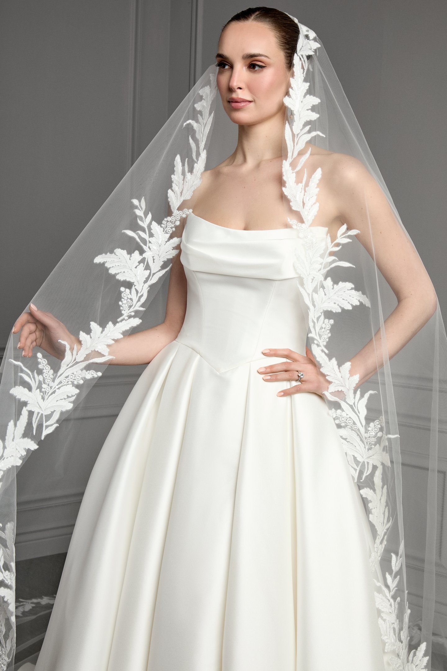Thanks & Goodluck Style TG1166L140 Cathedral Length Tulle Veil with Embroidered Sequined Lace Appliqués Around Hem Edge