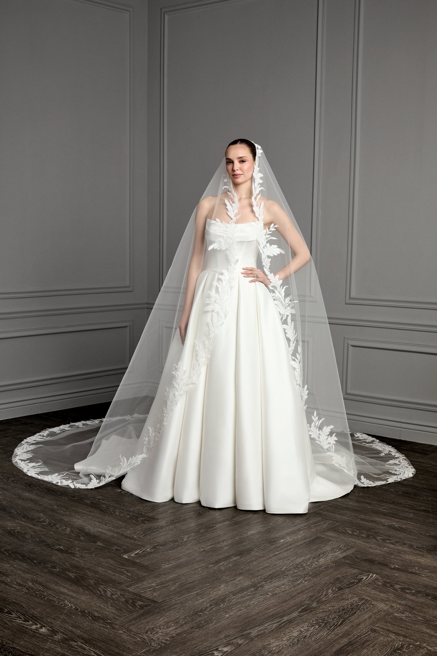 Thanks & Goodluck Style TG1166L140 Cathedral Length Tulle Veil with Embroidered Sequined Lace Appliqués Around Hem Edge