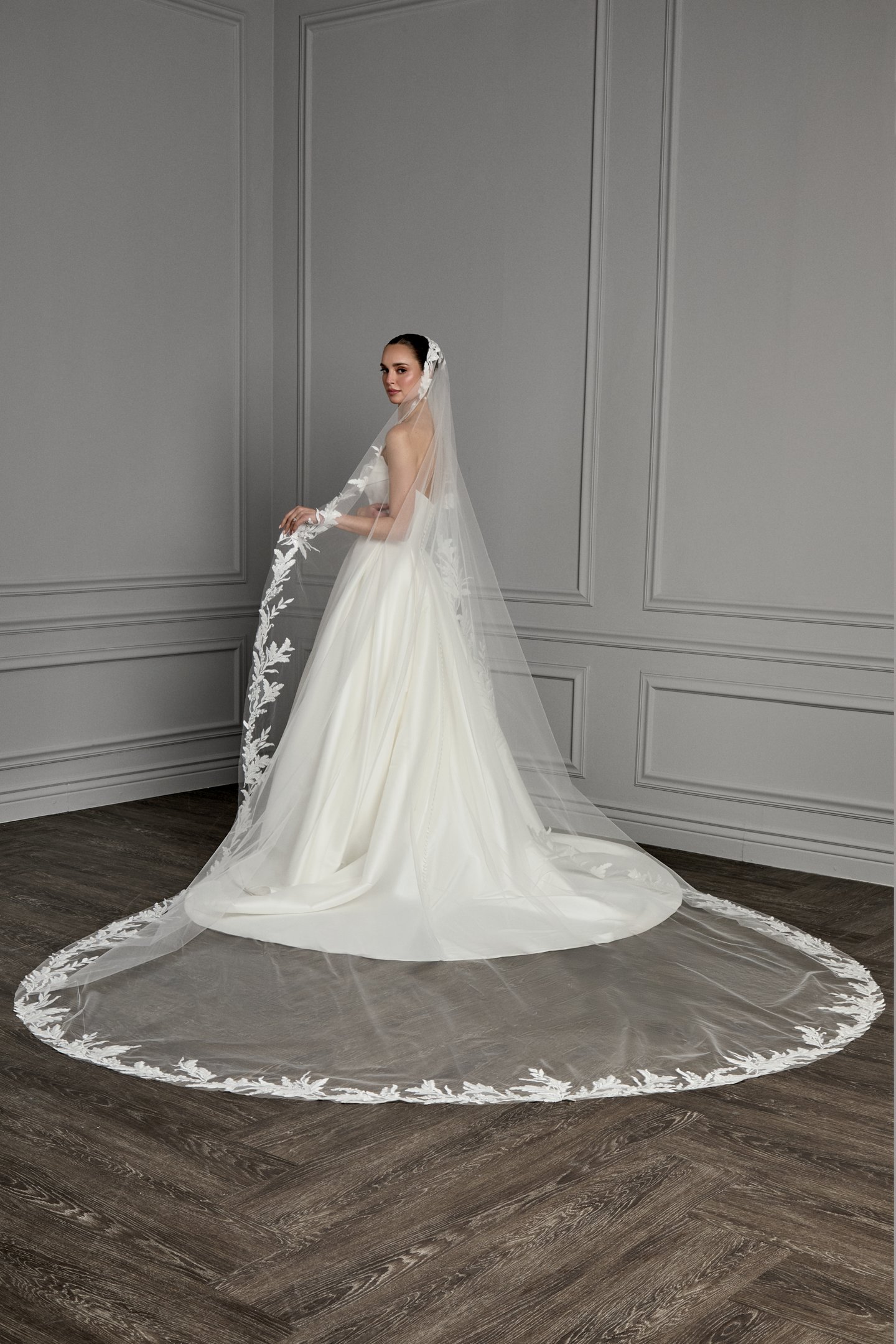 Thanks & Goodluck Style TG1166L140 Cathedral Length Tulle Veil with Embroidered Sequined Lace Appliqués Around Hem Edge