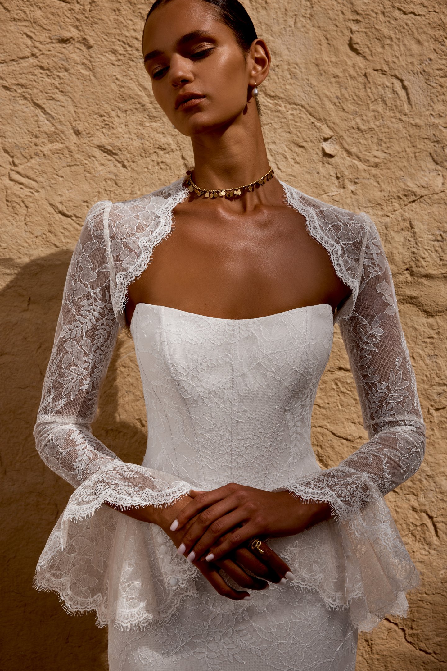 Thanks & Goodluck Style TG1173 Chantilly Lace Bolero Jacket with Bell Sleeves and Scalloped Eyelash Trim