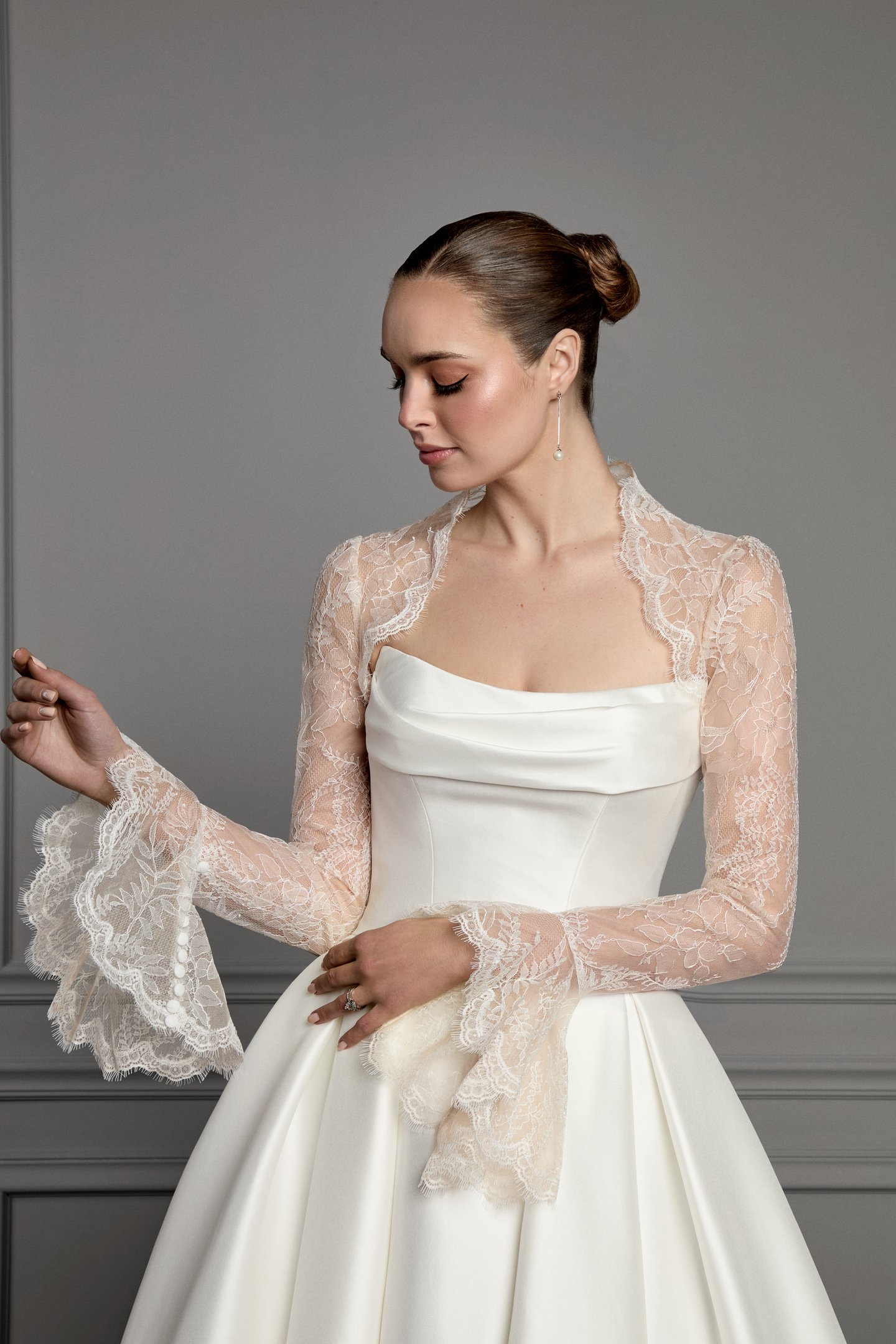 Thanks & Goodluck Style TG1173 Chantilly Lace Bolero Jacket with Bell Sleeves and Scalloped Eyelash Trim
