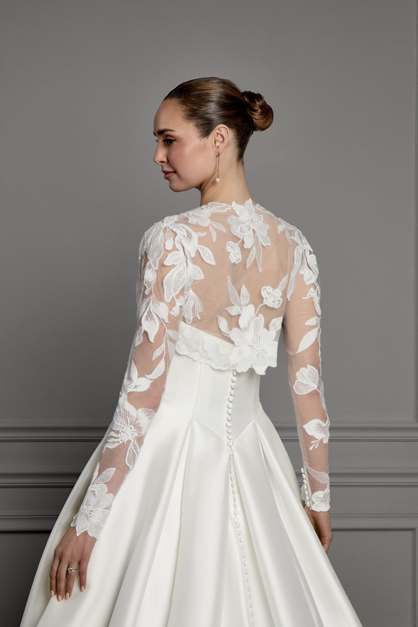 Thanks & Goodluck Style TG1174 Floral Matte Lace Long Sleeved Cropped Jacket with Queen Anne Neckline