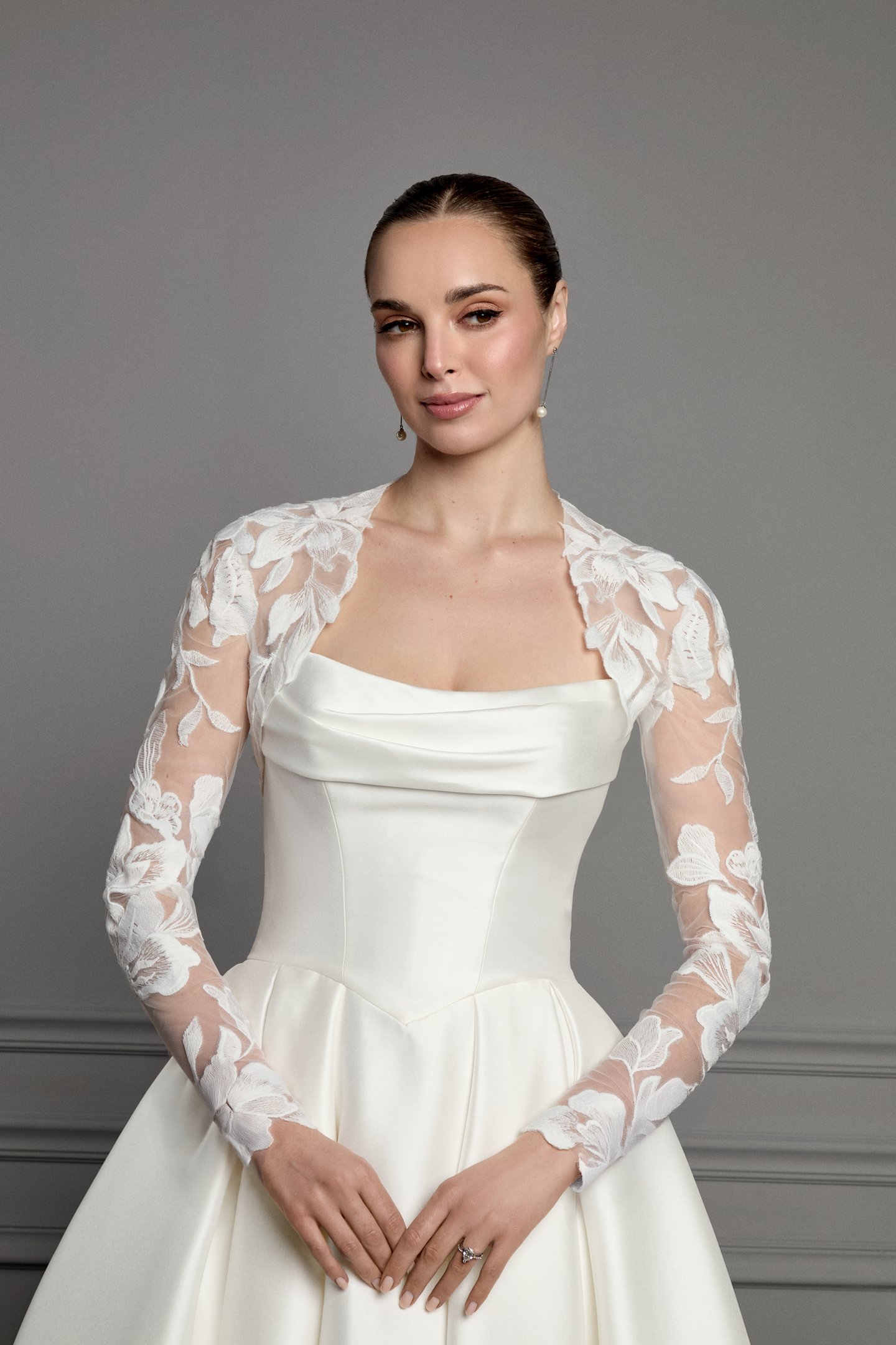 Thanks & Goodluck Style TG1174 Floral Matte Lace Long Sleeved Cropped Jacket with Queen Anne Neckline
