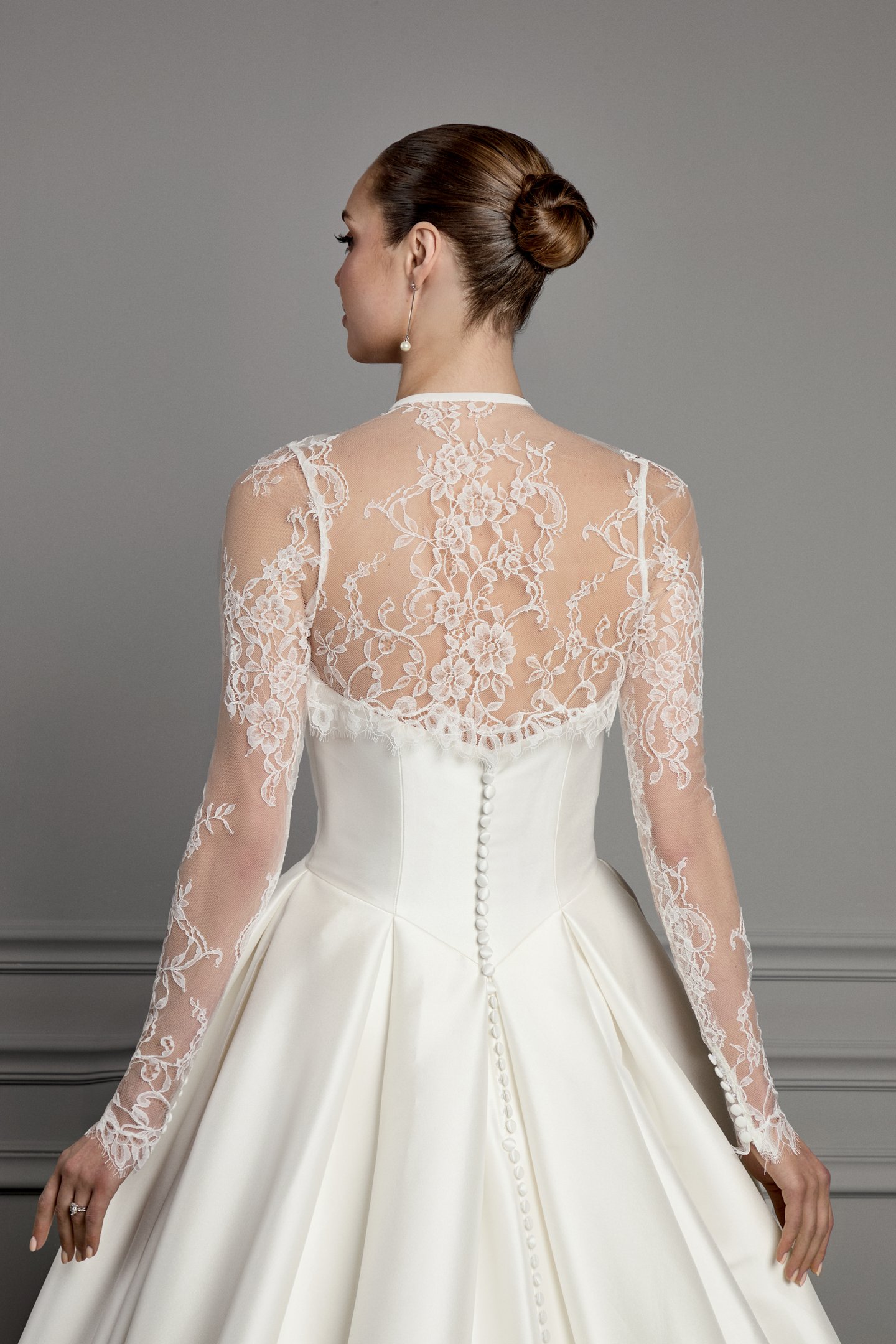 Thanks & Goodluck Style TG1175 Chantilly Lace Long Sleeved Cropped Jacket with Queen Anne Neckline and Eyelash Trim