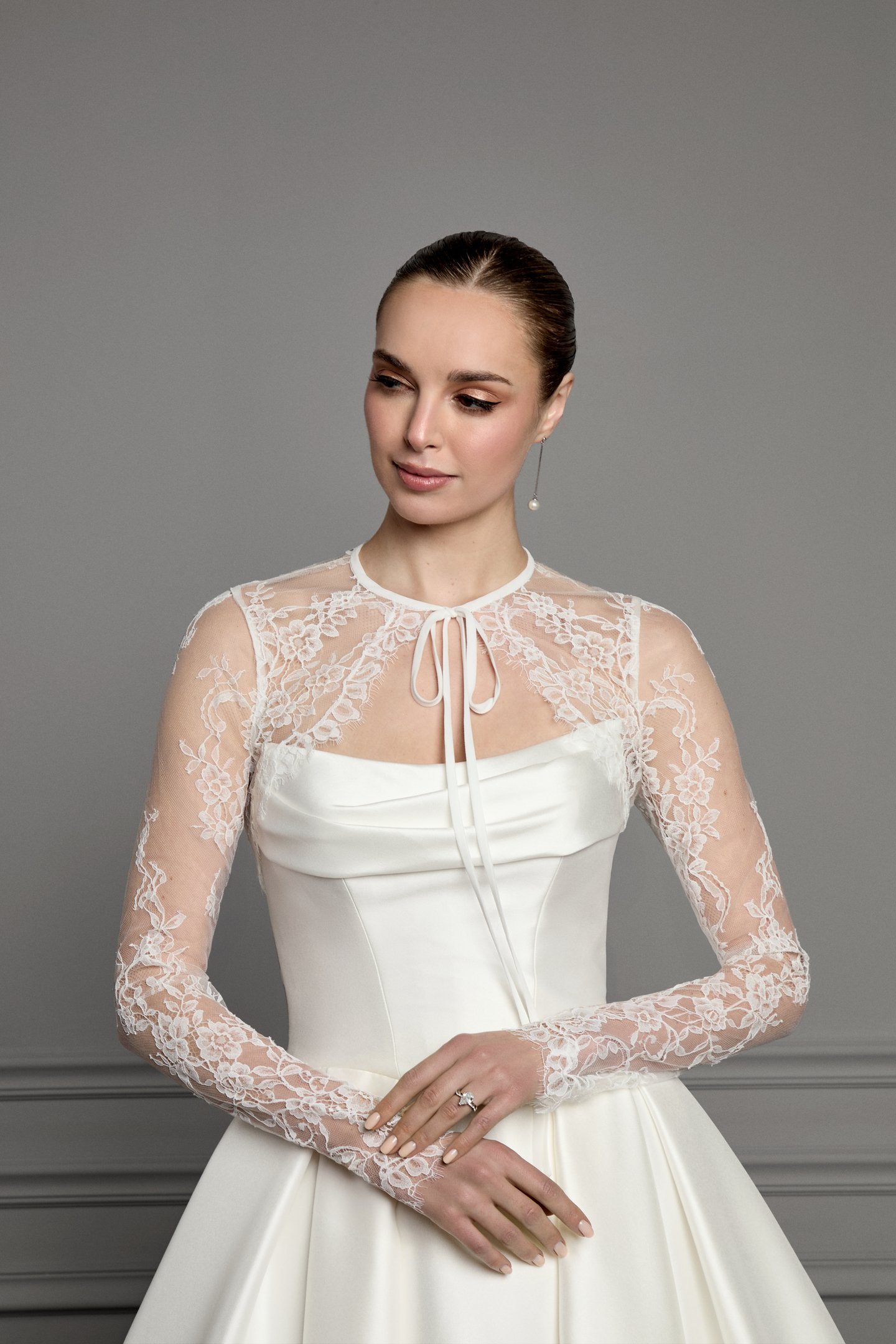 Thanks & Goodluck Style TG1175 Chantilly Lace Long Sleeved Cropped Jacket with Queen Anne Neckline and Eyelash Trim