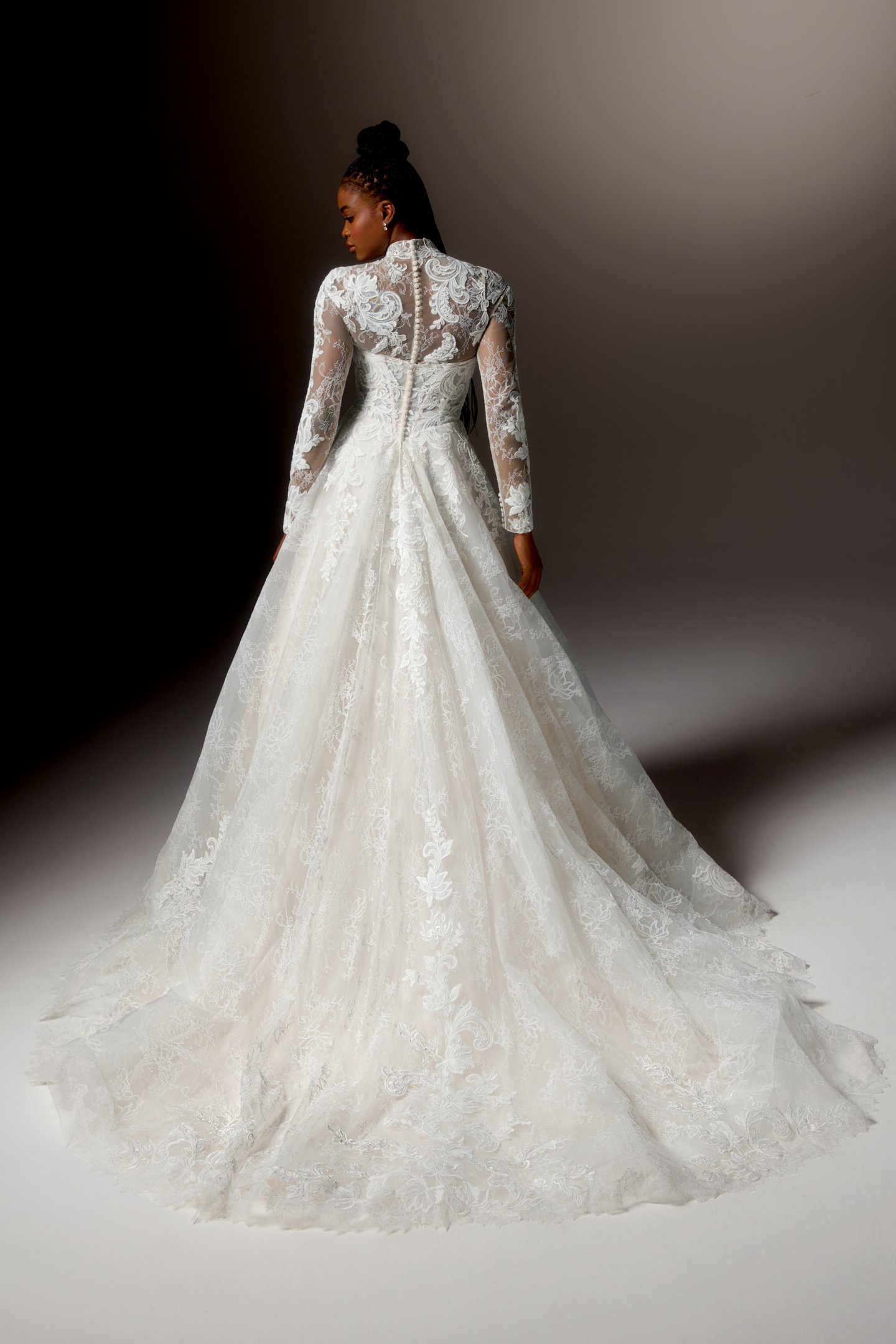 Thanks & Goodluck Style TG1177 Chantilly Lace Long Sleeve Bodysuit Adorned with Floral Matte Lace Appliqués