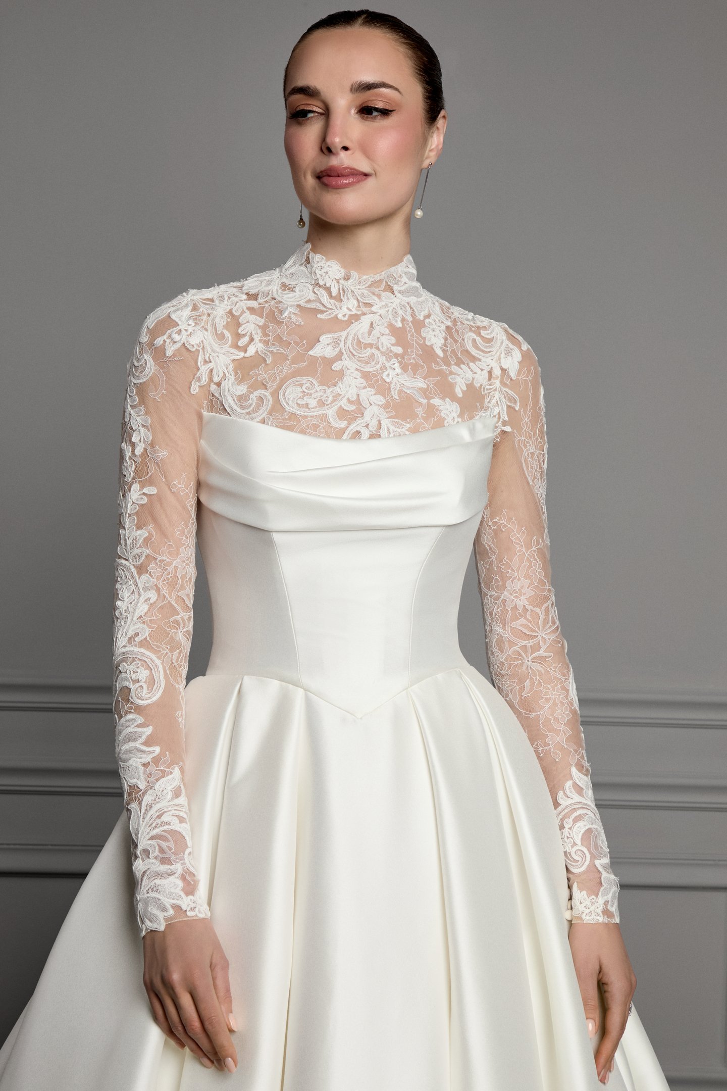 Thanks & Goodluck Style TG1177 Chantilly Lace Long Sleeve Bodysuit Adorned with Floral Matte Lace Appliqués