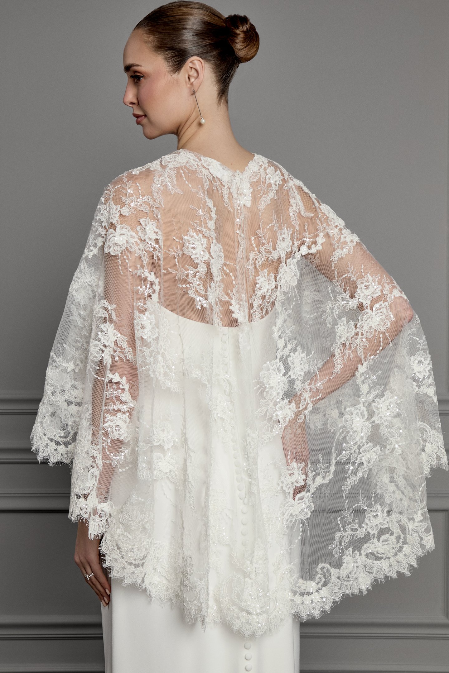 Thanks & Goodluck Style TG1178 Sabrina Neckline Allover Corded Alençon Lace Cape with Embroidered Sequins
