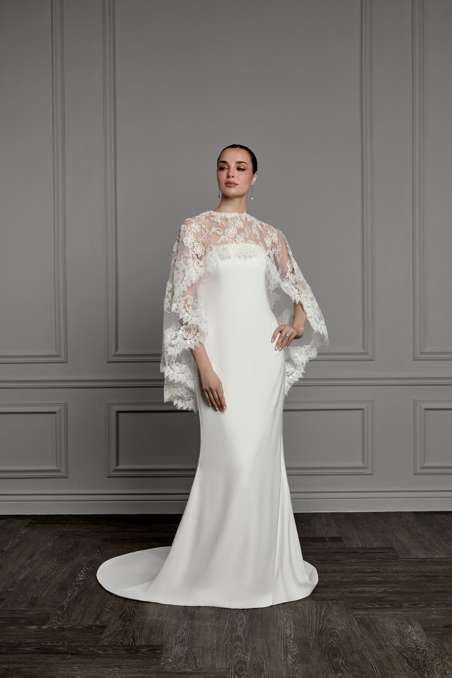 Thanks & Goodluck Style TG1178 Sabrina Neckline Allover Corded Alençon Lace Cape with Embroidered Sequins