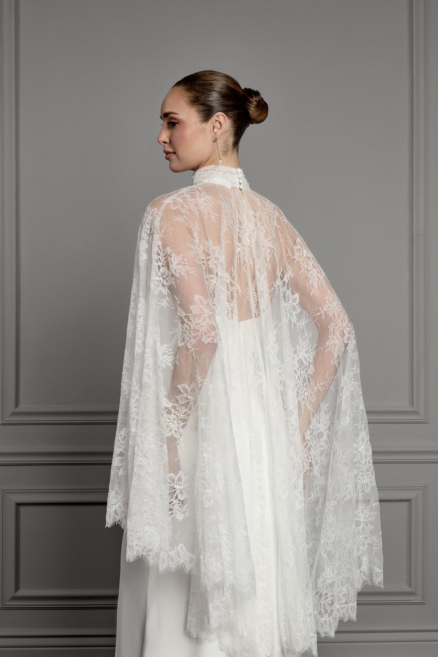 Thanks & Goodluck Style TG1179 Allover Chantilly Lace Cape with Eyelash Trim on Hem and Pleated Collar Neckline