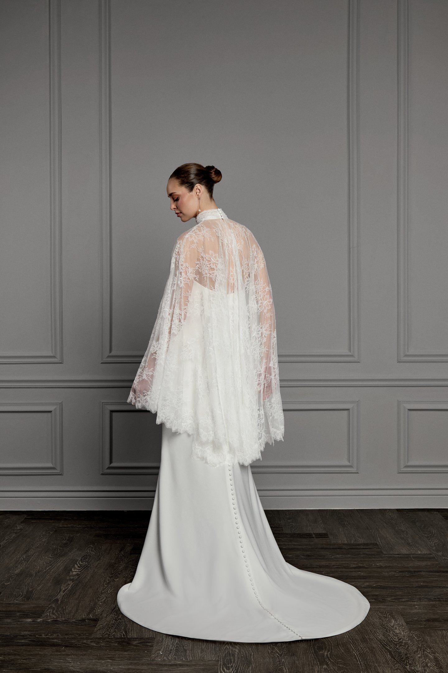 Thanks & Goodluck Style TG1179 Allover Chantilly Lace Cape with Eyelash Trim on Hem and Pleated Collar Neckline