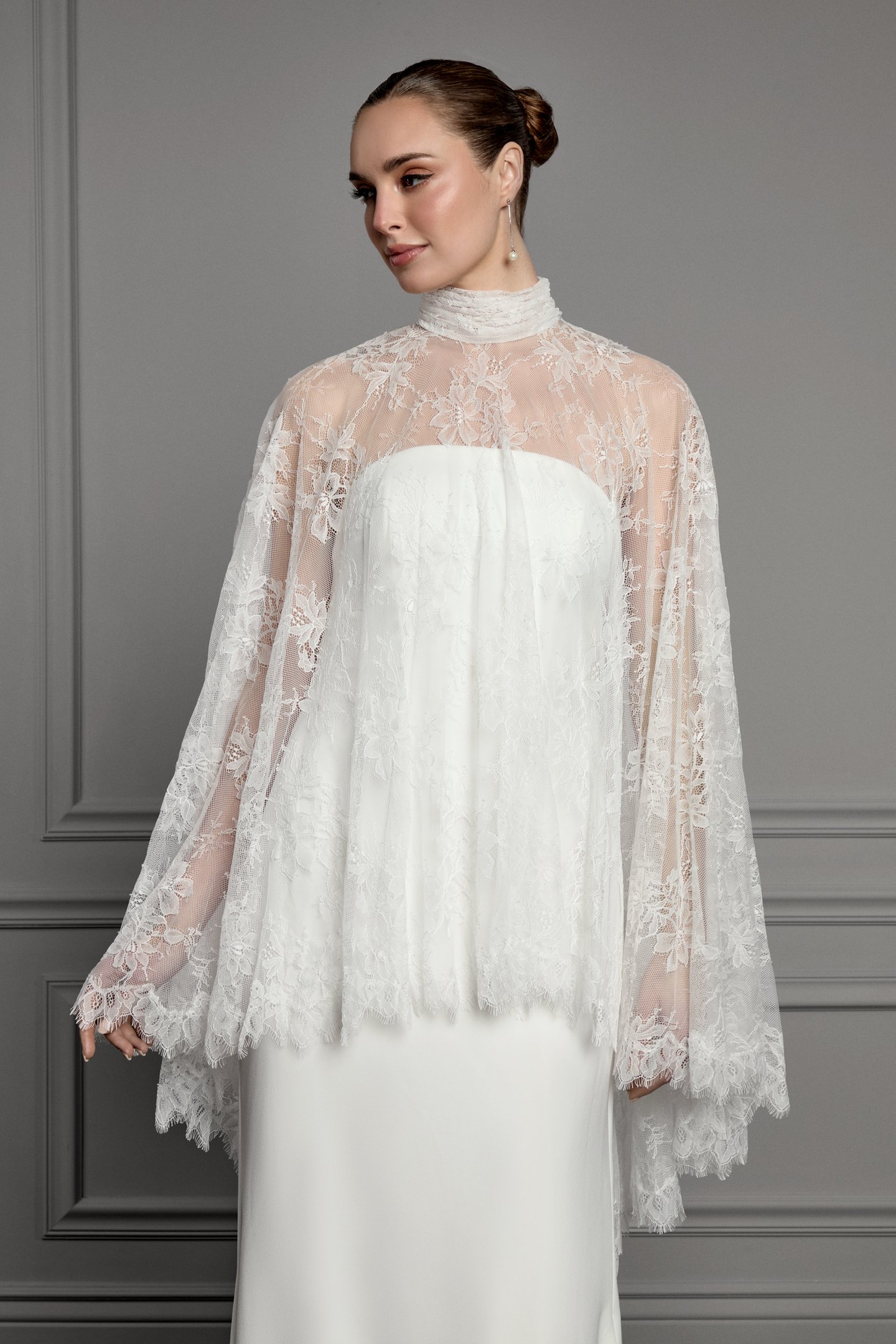 Thanks & Goodluck Style TG1179 Allover Chantilly Lace Cape with Eyelash Trim on Hem and Pleated Collar Neckline