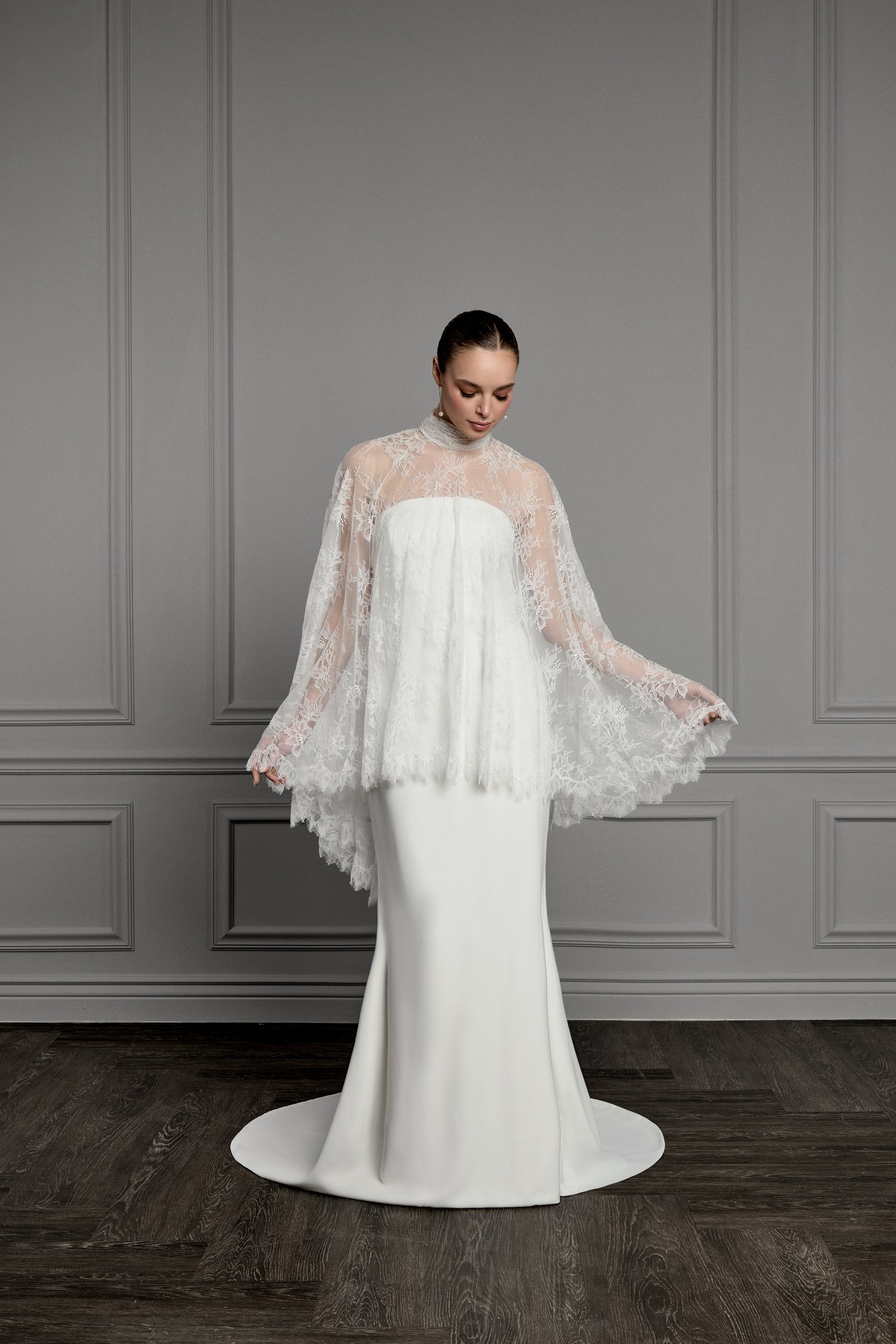 Thanks & Goodluck Style TG1179 Allover Chantilly Lace Cape with Eyelash Trim on Hem and Pleated Collar Neckline