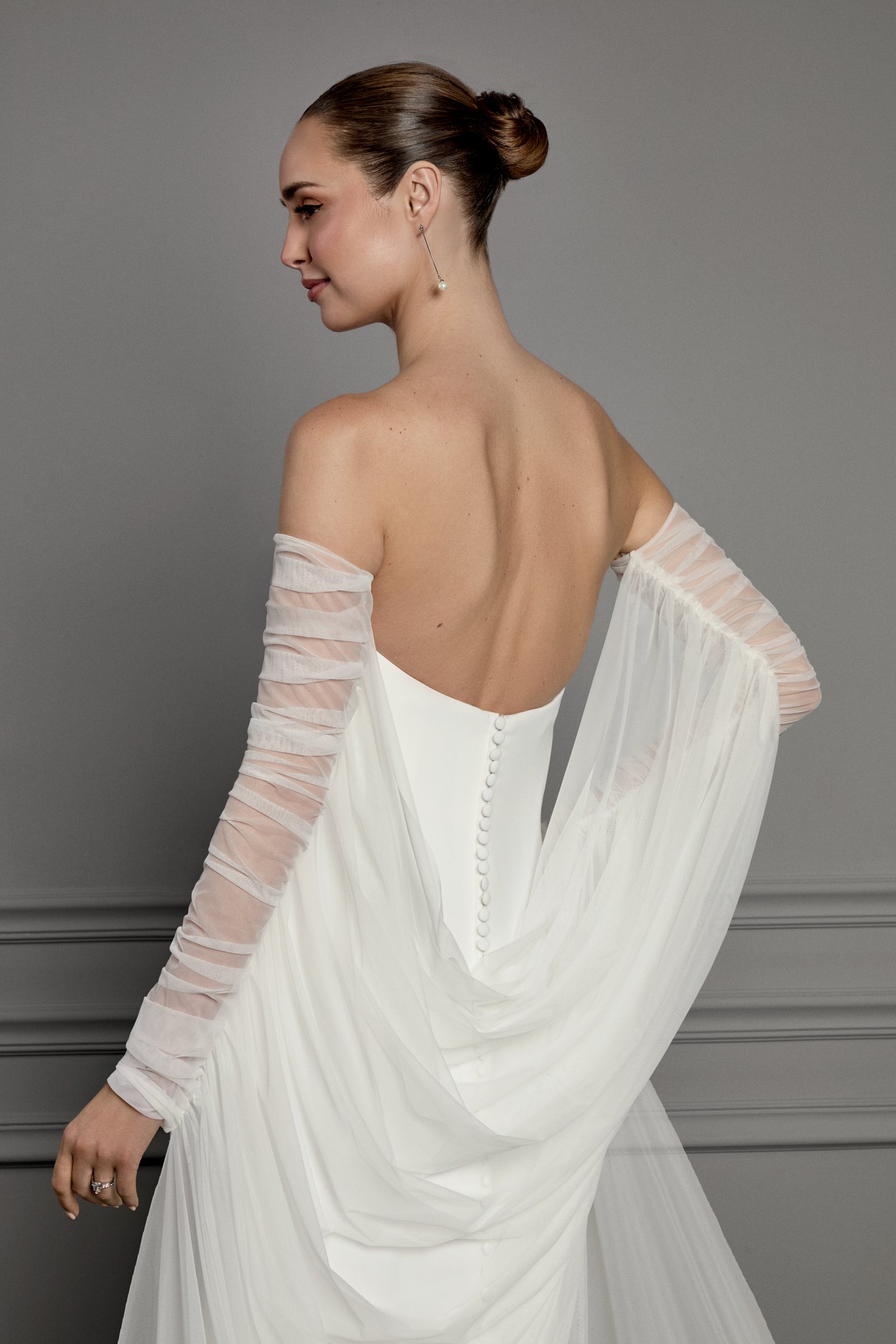 Thanks & Goodluck Style TG1180 Stretch Tulle Off-the-Shoulder Cape with Ruched Long Sleeves