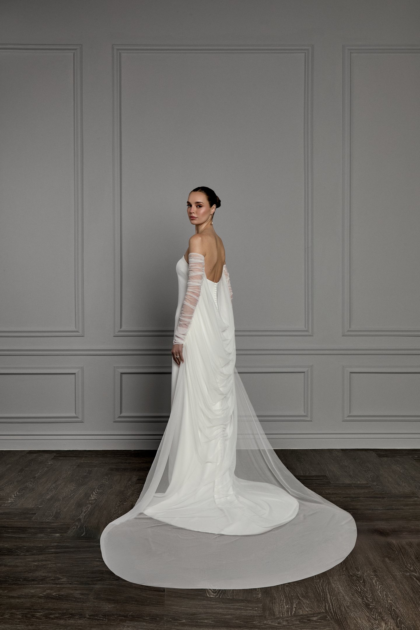 Thanks & Goodluck Style TG1180 Stretch Tulle Off-the-Shoulder Cape with Ruched Long Sleeves