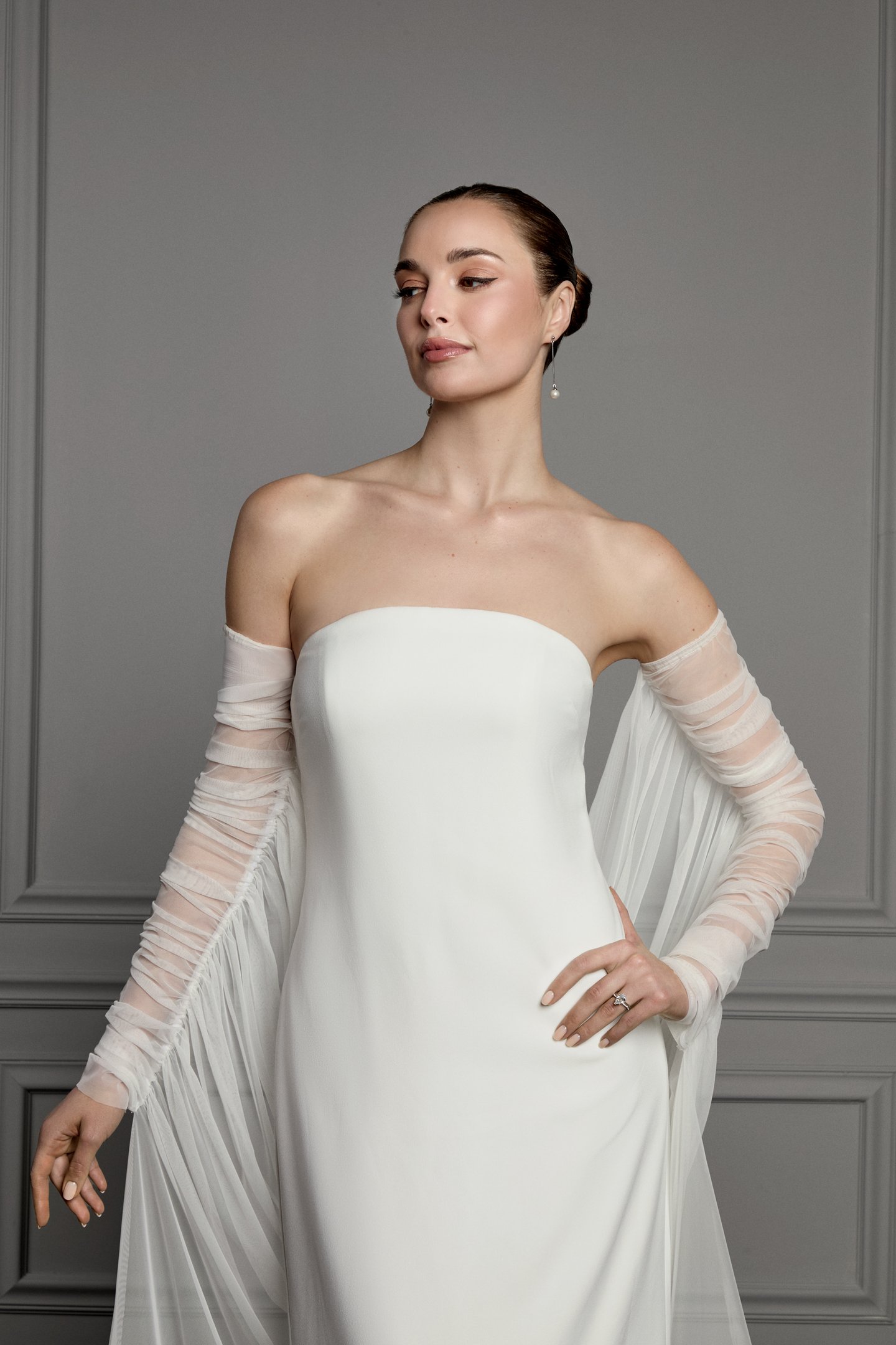 Thanks & Goodluck Style TG1180 Stretch Tulle Off-the-Shoulder Cape with Ruched Long Sleeves