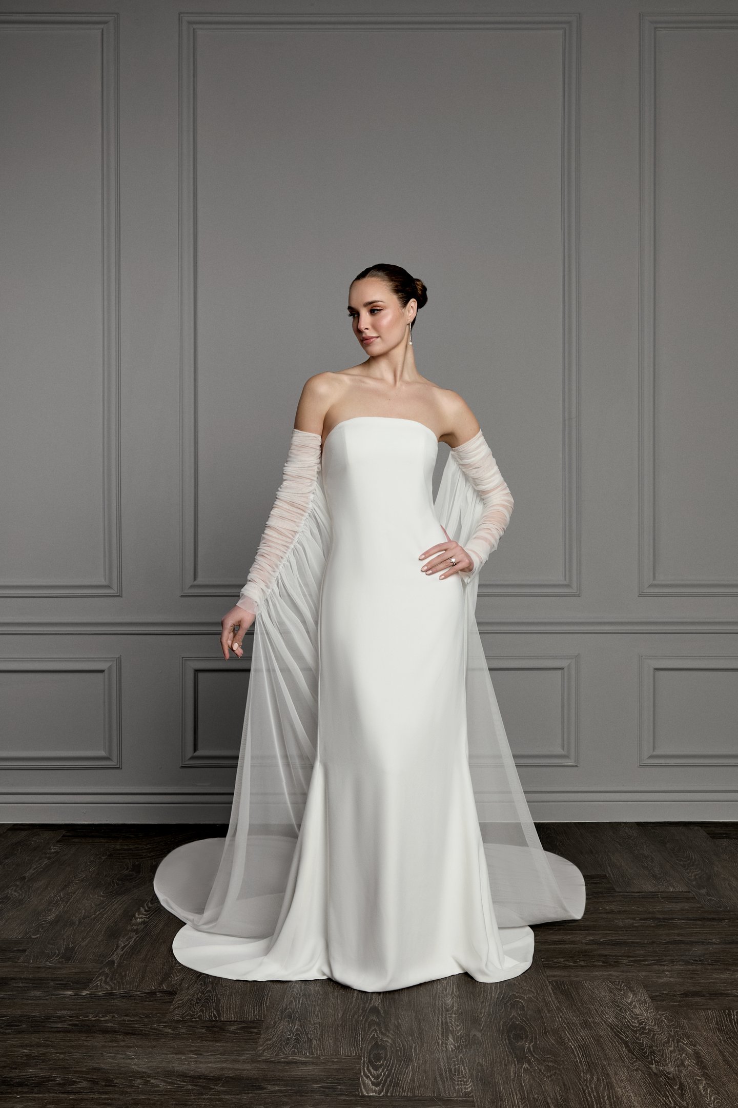 Thanks & Goodluck Style TG1180 Stretch Tulle Off-the-Shoulder Cape with Ruched Long Sleeves