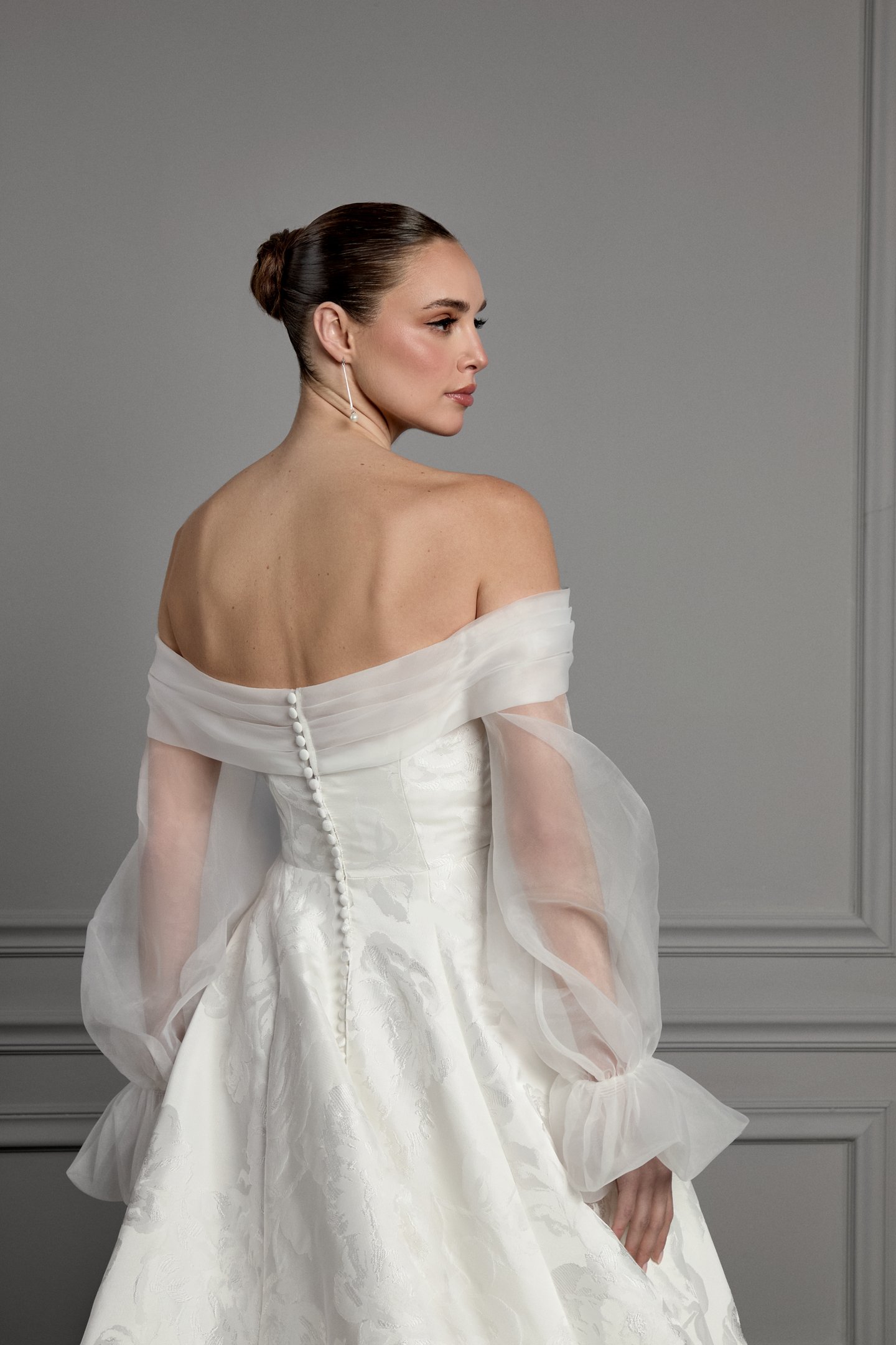 Thanks & Goodluck Style TG1182 Off-the-Shoulder Organdy Jacket with Delicate Pleating Across Bust and Blouson Long Sleeves