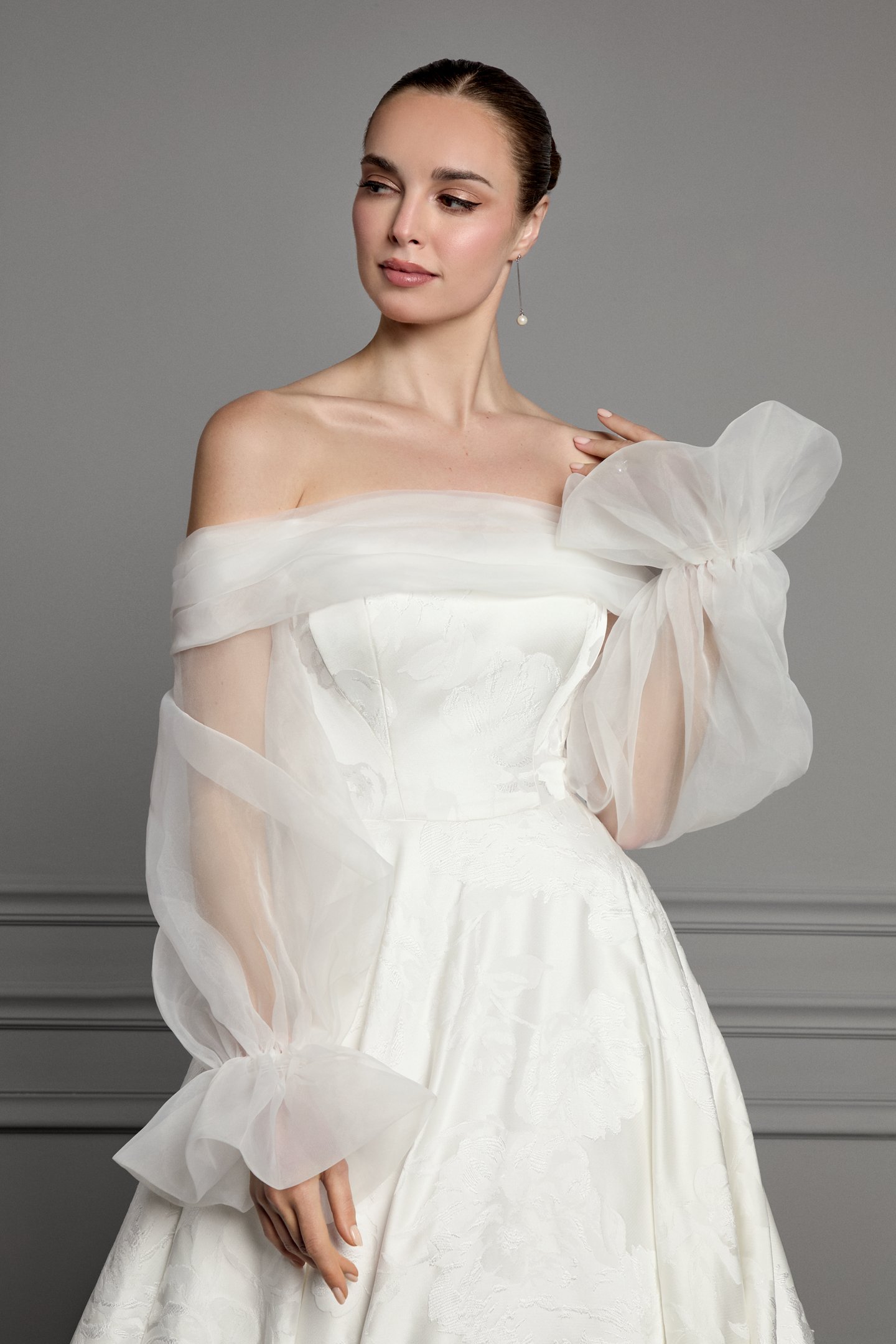 Thanks & Goodluck Style TG1182 Off-the-Shoulder Organdy Jacket with Delicate Pleating Across Bust and Blouson Long Sleeves