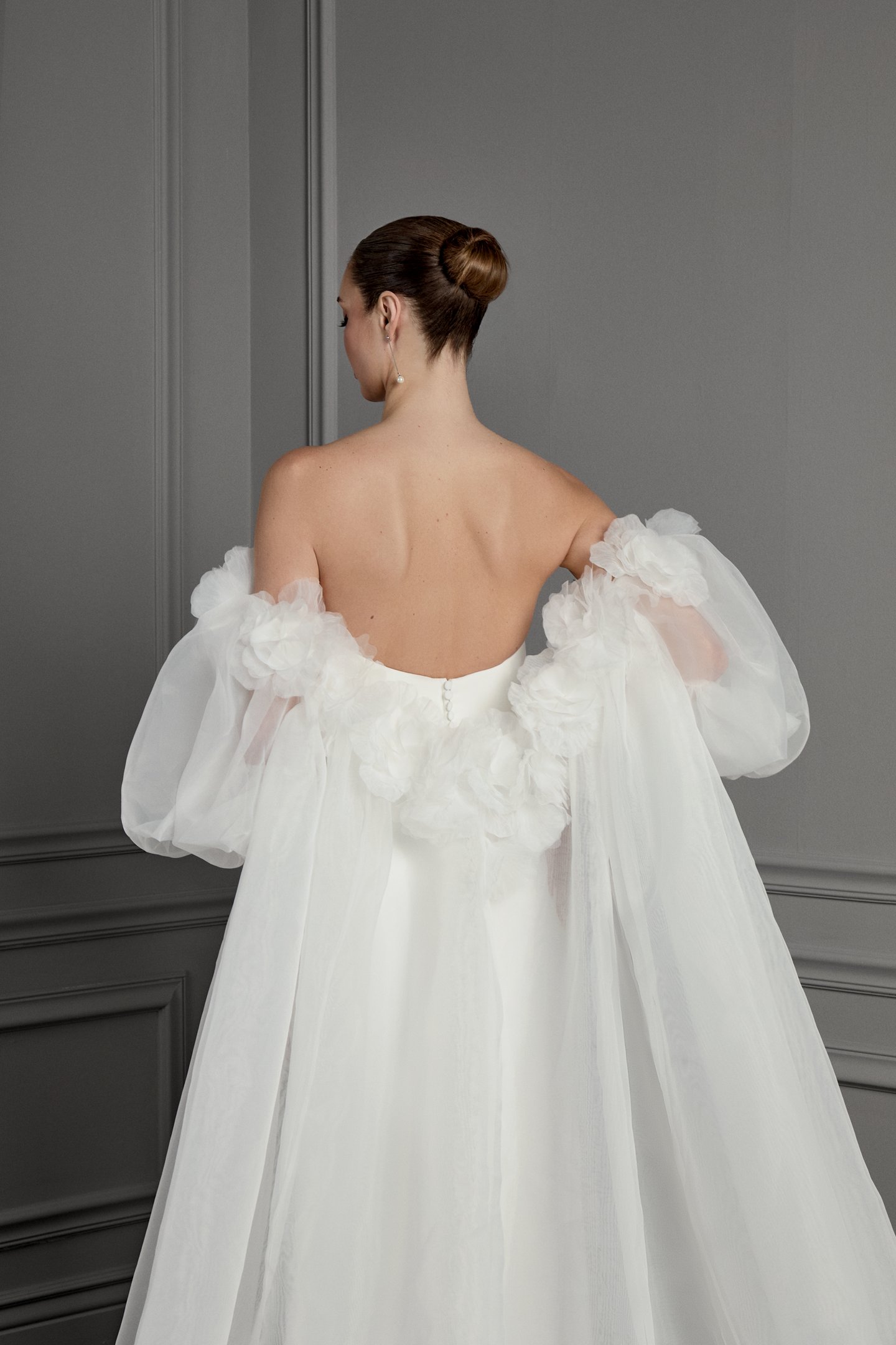 Thanks & Goodluck Style TG1183 Off-the-Shoulder Organdy Cape with Oversized 3D Florals and Billowy Puff Sleeves
