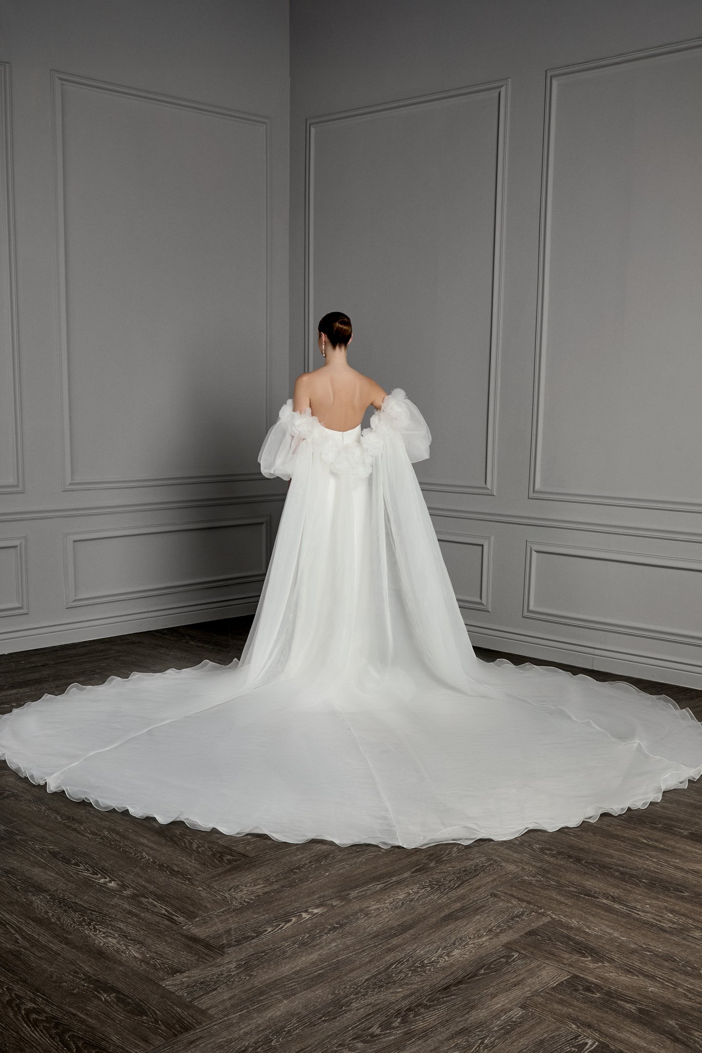Thanks & Goodluck Style TG1183 Off-the-Shoulder Organdy Cape with Oversized 3D Florals and Billowy Puff Sleeves