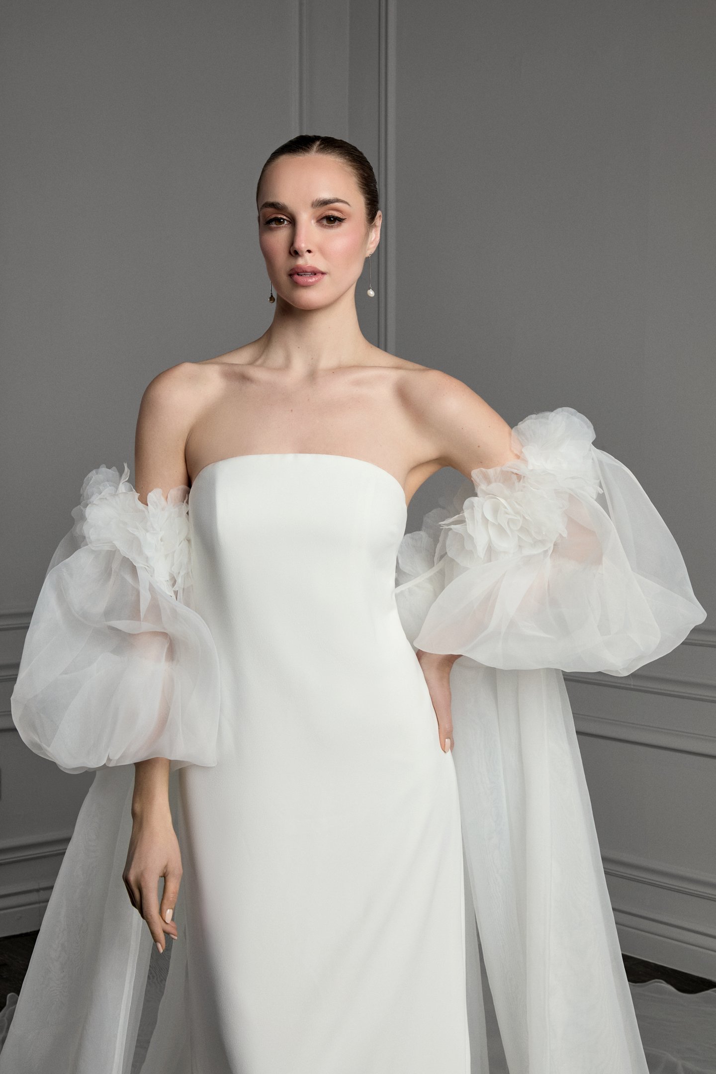 Thanks & Goodluck Style TG1183 Off-the-Shoulder Organdy Cape with Oversized 3D Florals and Billowy Puff Sleeves