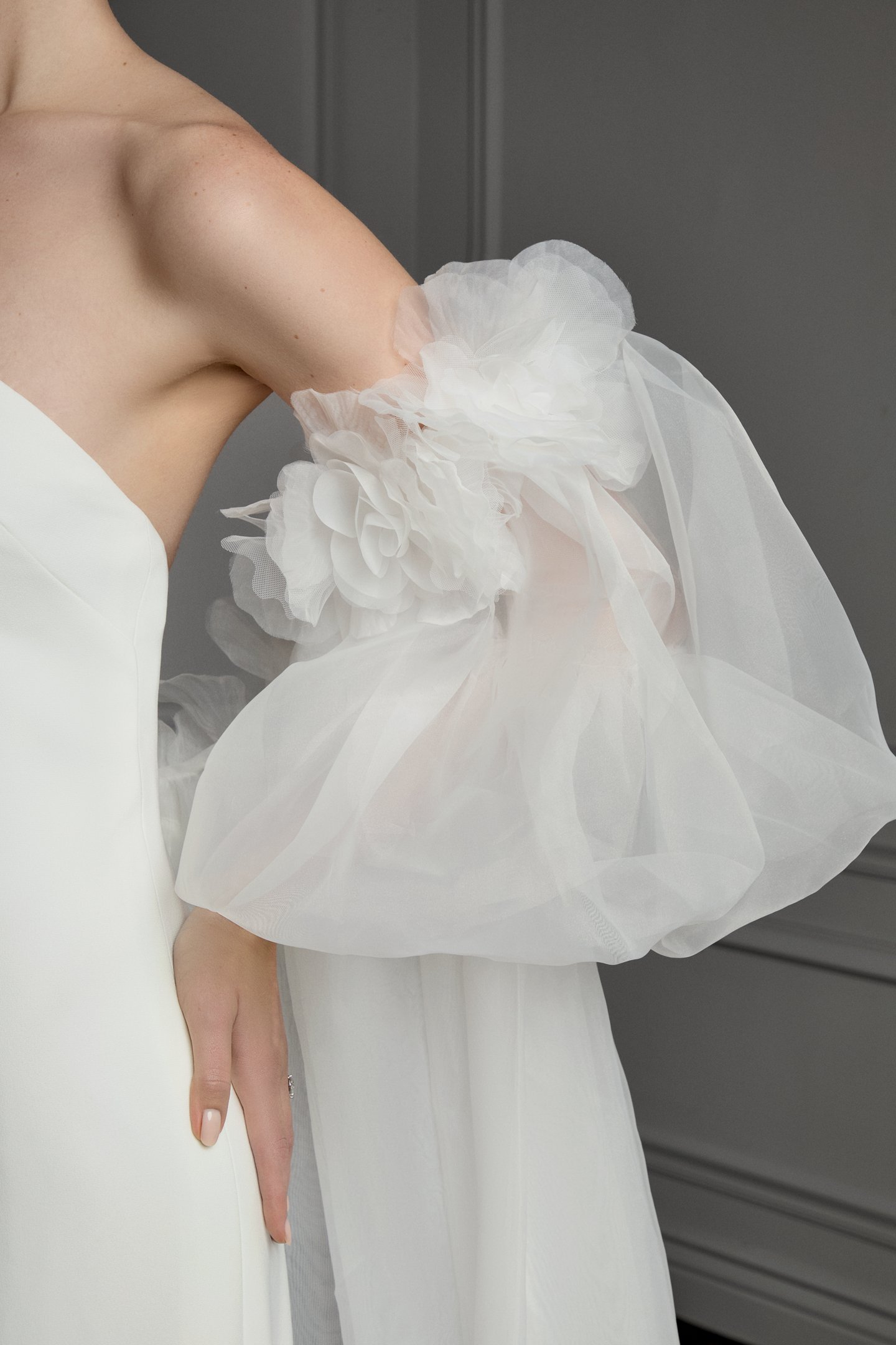Thanks & Goodluck Style TG1183 Off-the-Shoulder Organdy Cape with Oversized 3D Florals and Billowy Puff Sleeves