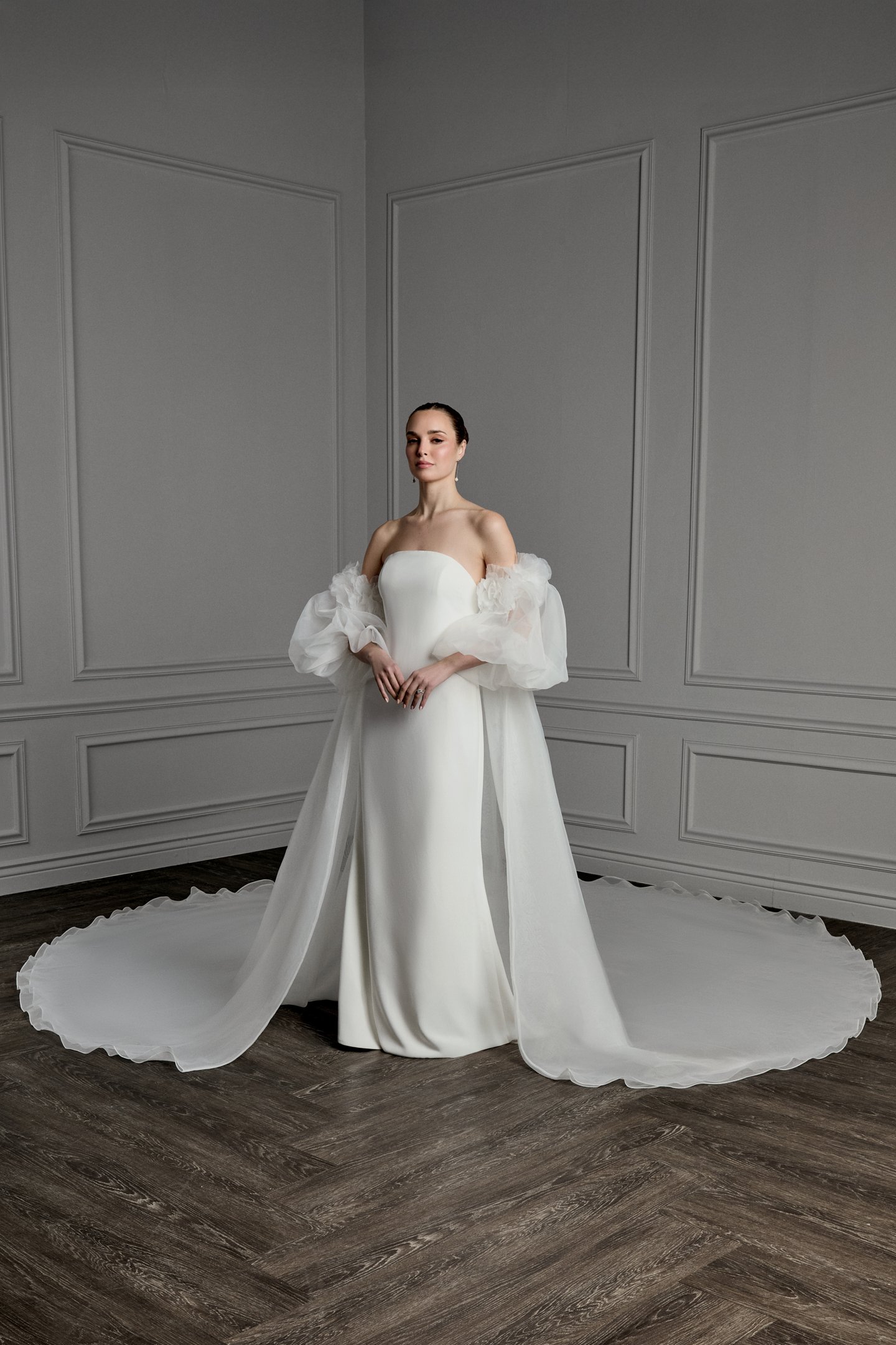 Thanks & Goodluck Style TG1183 Off-the-Shoulder Organdy Cape with Oversized 3D Florals and Billowy Puff Sleeves