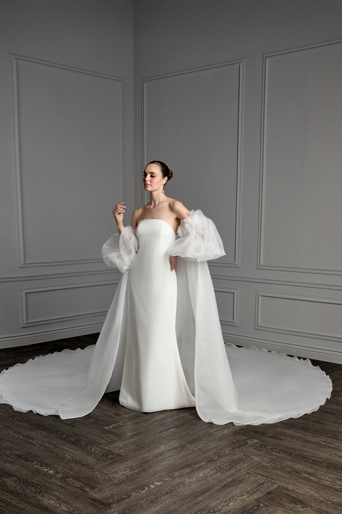 Thanks & Goodluck Style TG1183 Off-the-Shoulder Organdy Cape with Oversized 3D Florals and Billowy Puff Sleeves
