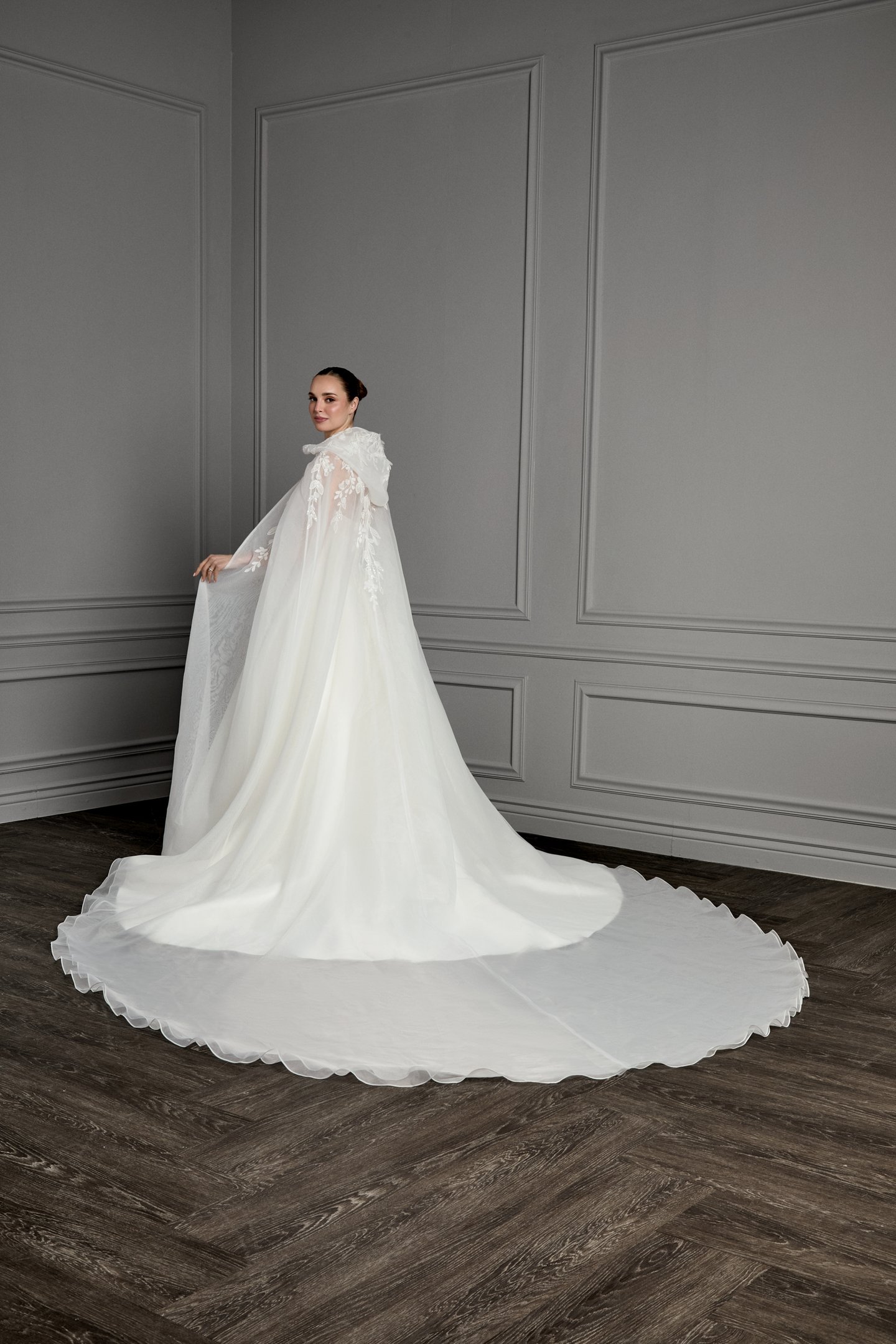 Thanks & Goodluck Style TG1184 Organdy Hooded Cape with Sequined Lace Appliqués and 3D Petals
