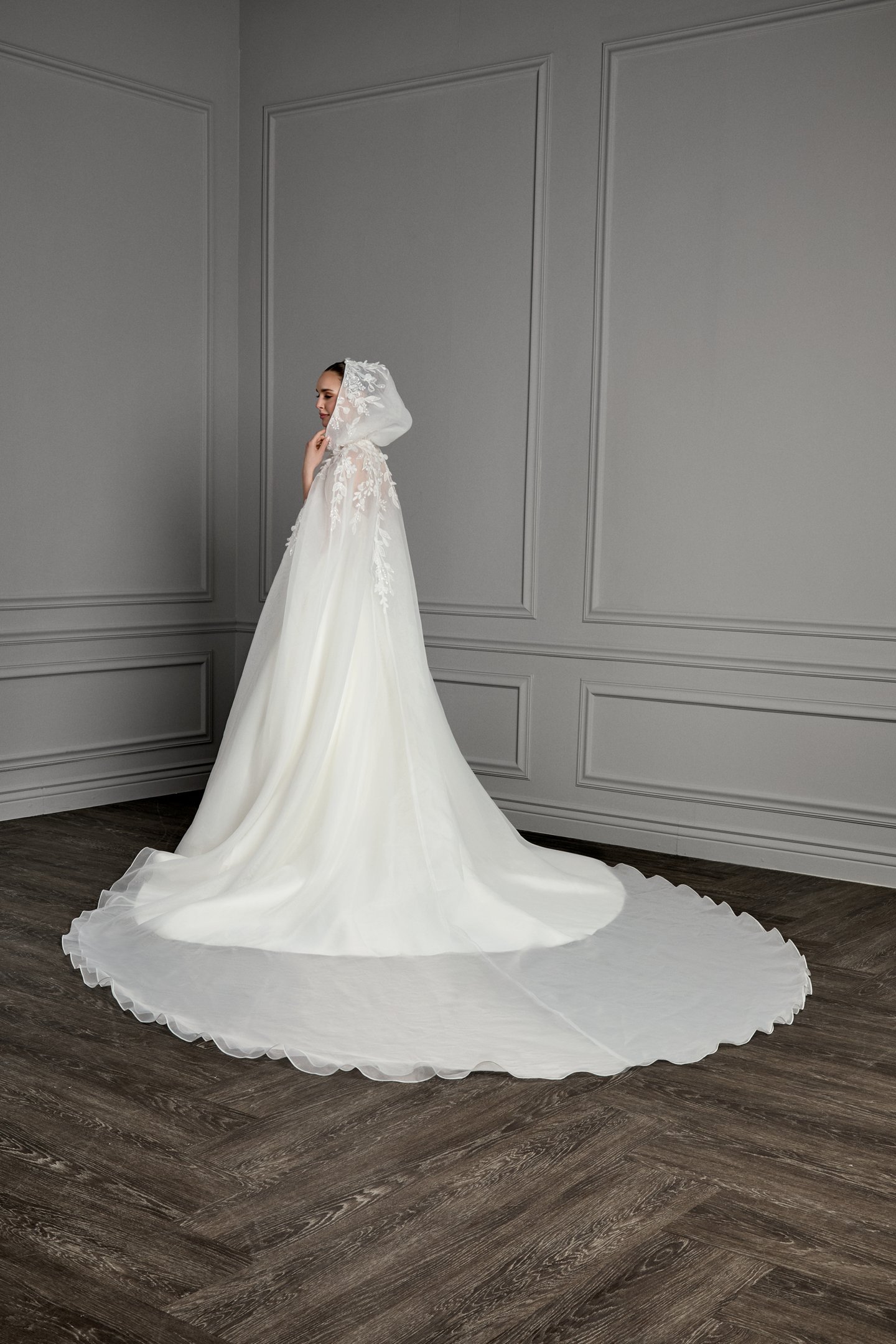 Thanks & Goodluck Style TG1184 Organdy Hooded Cape with Sequined Lace Appliqués and 3D Petals