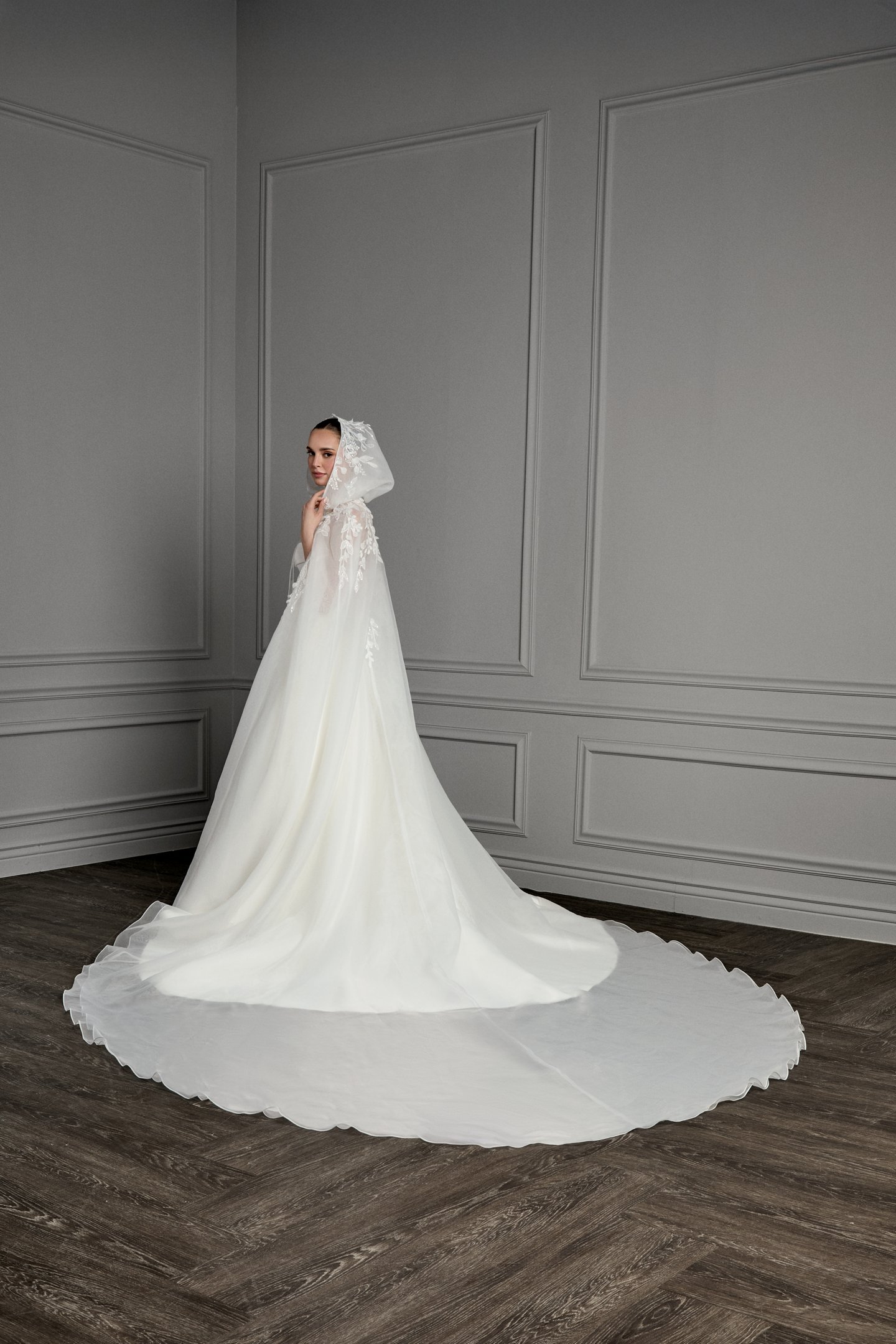 Thanks & Goodluck Style TG1184 Organdy Hooded Cape with Sequined Lace Appliqués and 3D Petals