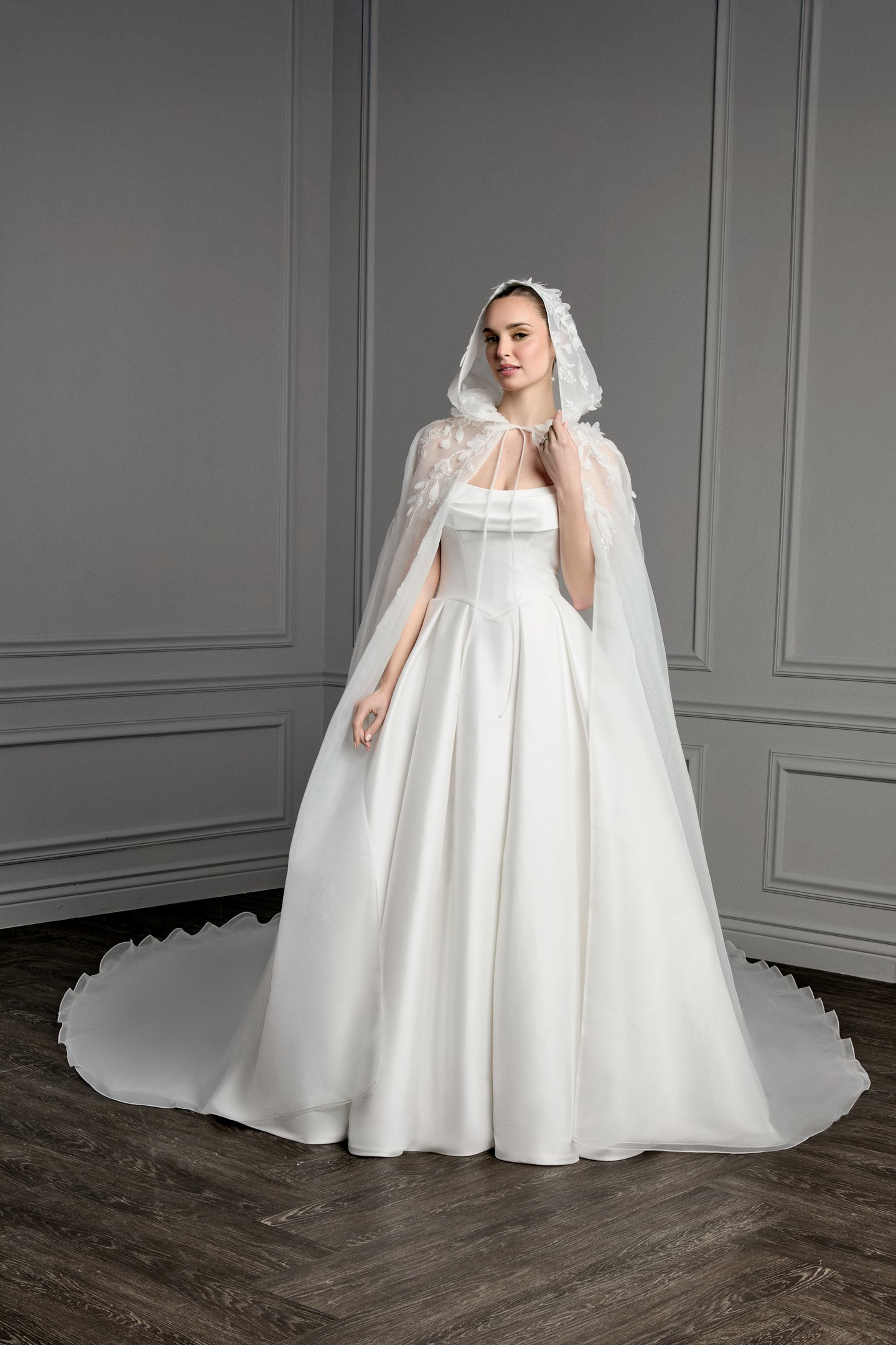 Thanks & Goodluck Style TG1184 Organdy Hooded Cape with Sequined Lace Appliqués and 3D Petals
